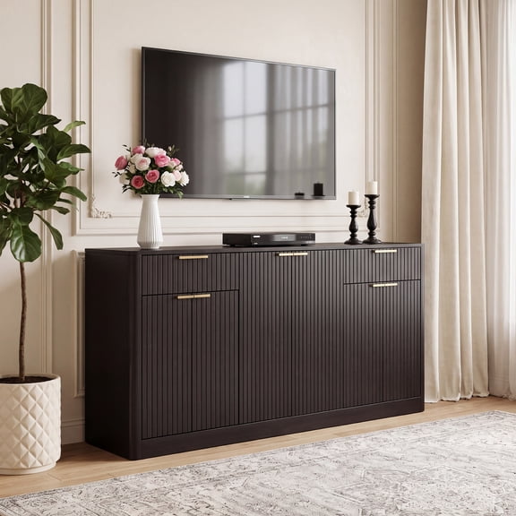 GARITIN 67 Inch Fluted Buffet Sideboard, Modern Wine Bar Storage Cabinet with 6 Doors & 2 Drawers, Coffee Bar Credenza for Dining Room Living Room Entryway, Black