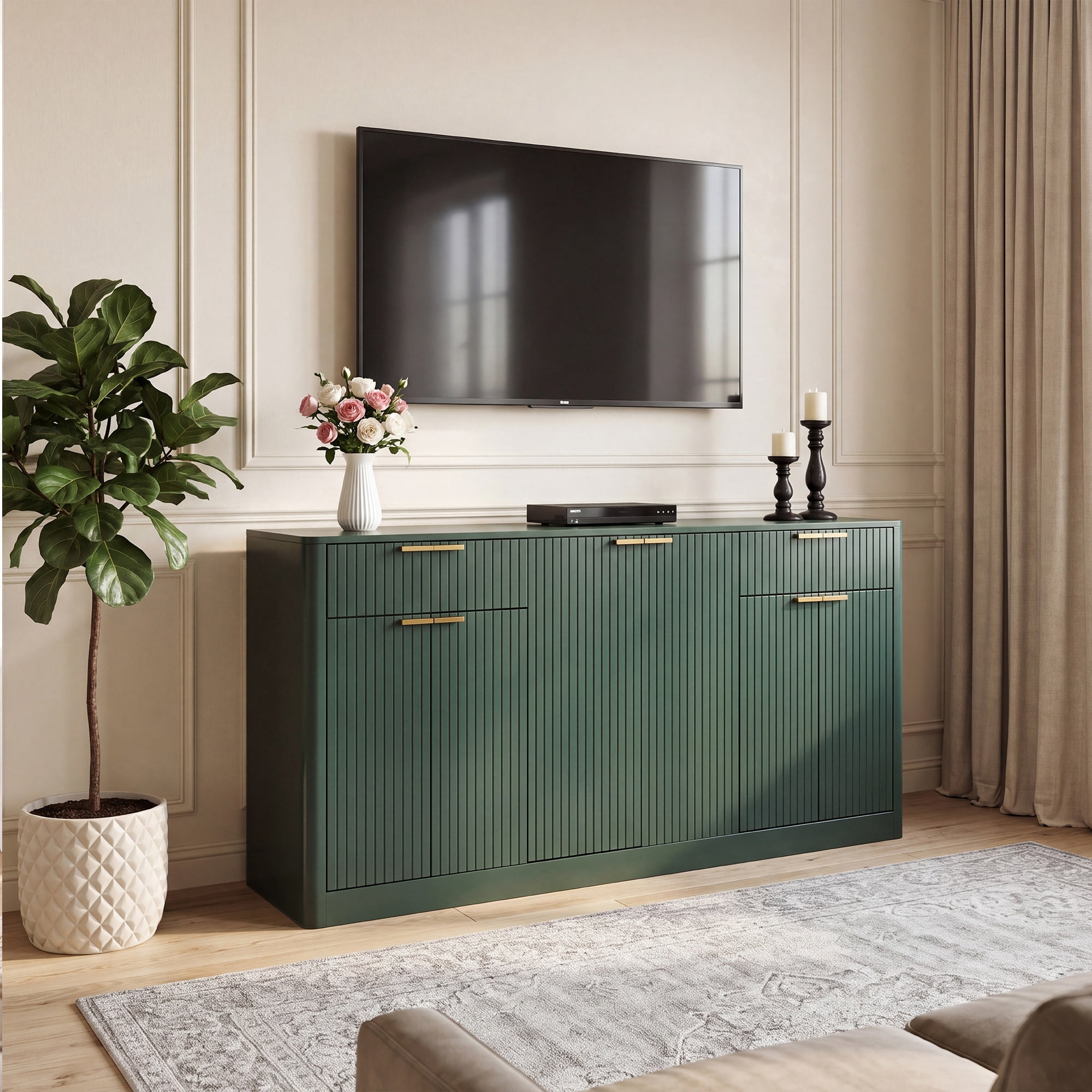 GARITIN 67 Inch Fluted Buffet Sideboard, Modern Wine Bar Storage Cabinet with 6 Doors & 2 Drawers, Coffee Bar Credenza for Dining Room Living Room Entryway, Dark Green