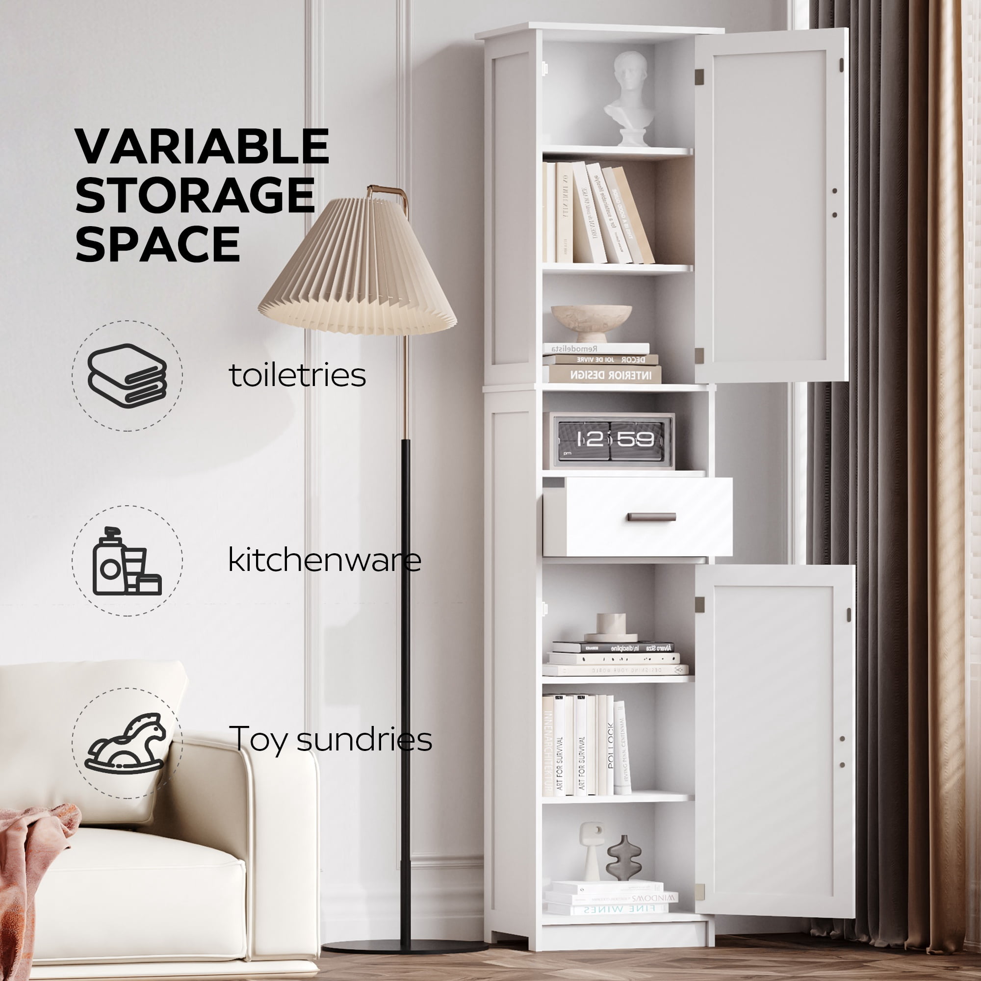 GARITIN 69 Inch Tall Bathroom Storage Cabinet with 2 Barn Doors & 1 Drawer, Narrow Storage Unit with Adjustable Shelves for Bathroom Living Room Entryway, White