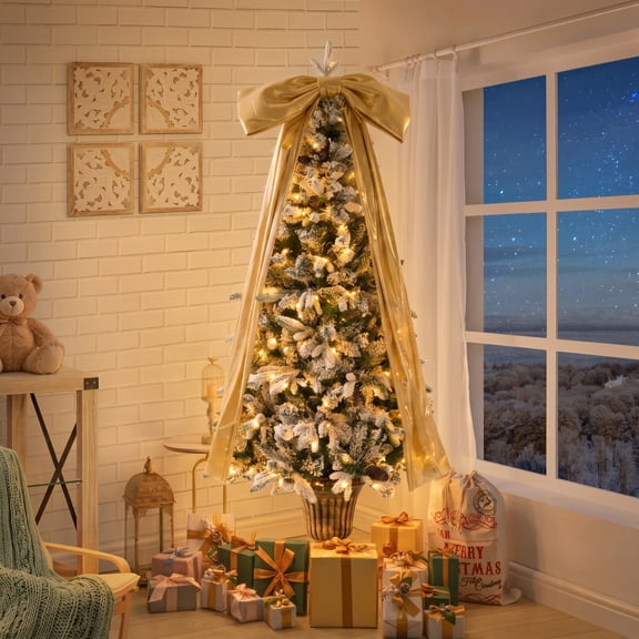 GARITIN 6FT Pre-Lit Flocked Christmas Tree with 42 Real Pine Cones & Gold Ribbon Bows, 200 Warm White LEDs 8 Lighting Modes, 537 Tips Artificial Snow Xmas Tree in Retro Roman Urn Pot Base, Golden
