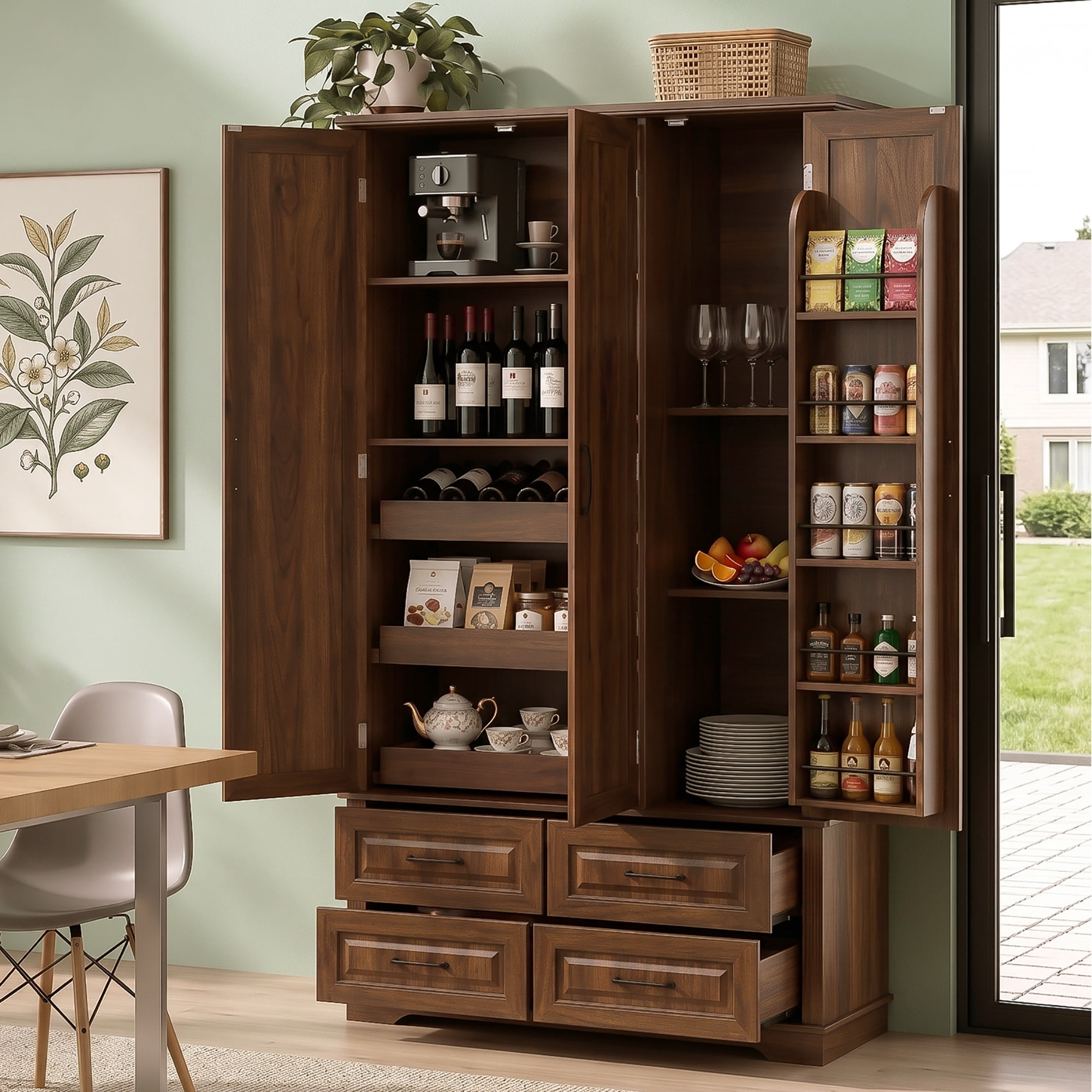 GARITIN 72 Inch Kitchen Pantry Cabinet with 3 Pull Out Trays, Farmhouse Embossed Wood Grain Storage Cabinet with 5 Door Racks, Freestanding Cupboard for Kitchen Dining Room, Walnut Brown