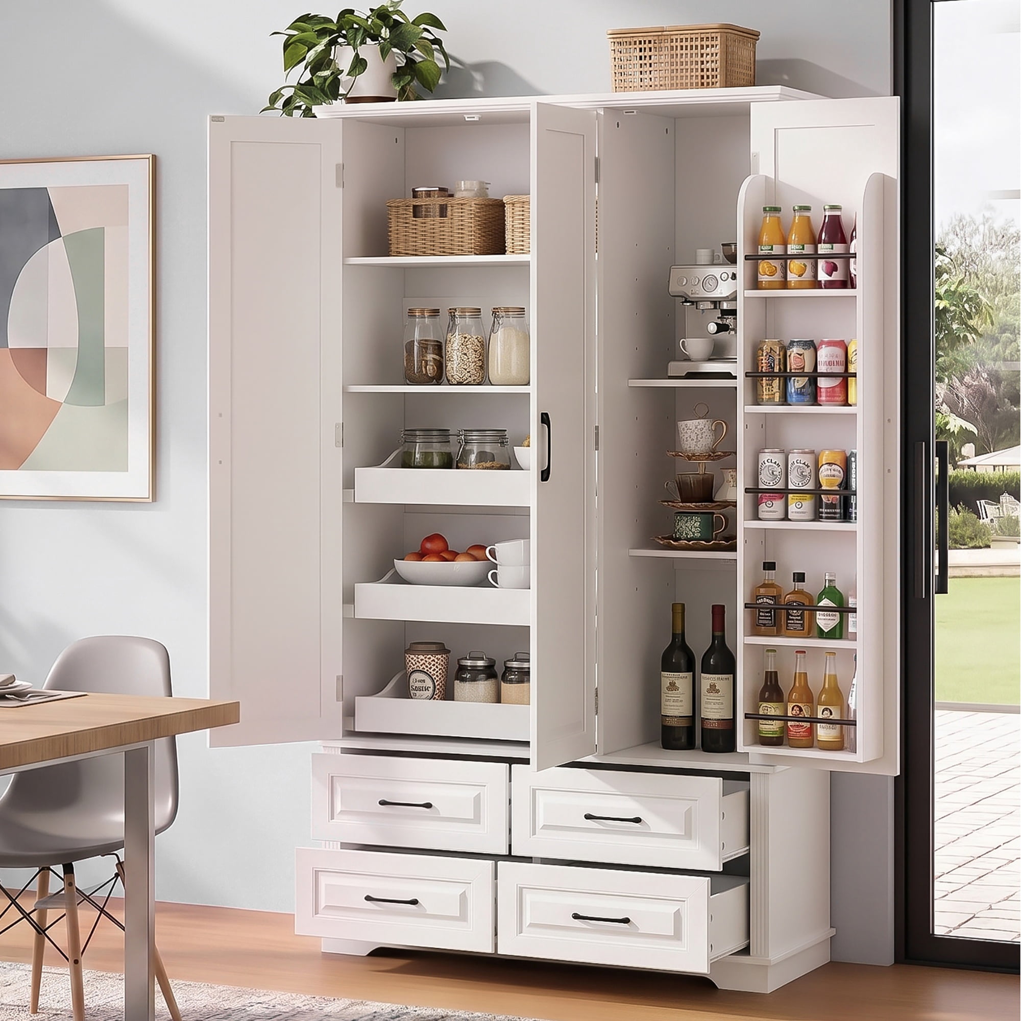 GARITIN 72 Inch Kitchen Pantry Cabinet with 3 Pull Out Trays, Farmhouse Embossed Wood Grain Storage Cabinet with 5 Door Racks, Freestanding Cupboard for Kitchen Dining Room, White