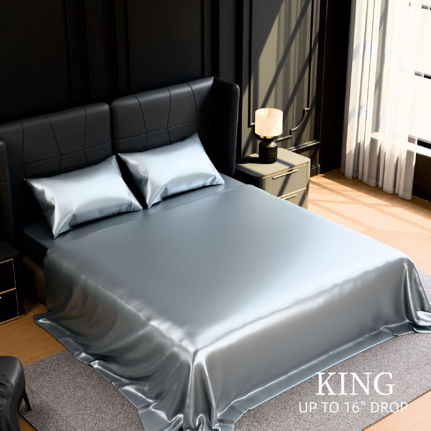 GARITIN 90GSM Satin Queen 4-Piece Bed Sheets Set, Silky Soft Smooth Luxury Bedding with 2 Pillowcases, 15-Inch Deep Pocket Fitted Sheet, Cooling Breathable Wrinkle Resistant Easy Care, Grey