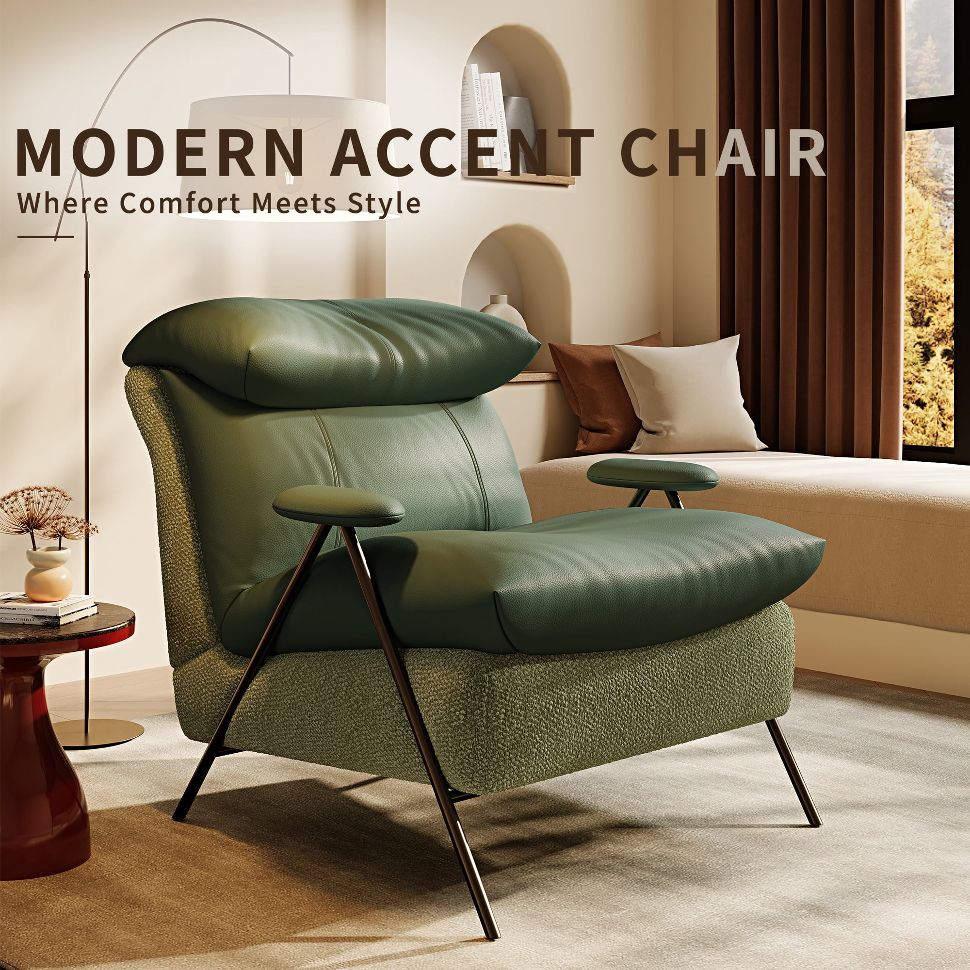 GARITIN Accent Chair and Reading Chair 31.8 Inch, Solid Wood Frame Lounge Chair with Chenille and Leather Upholstery for Living Room Bedroom, Green