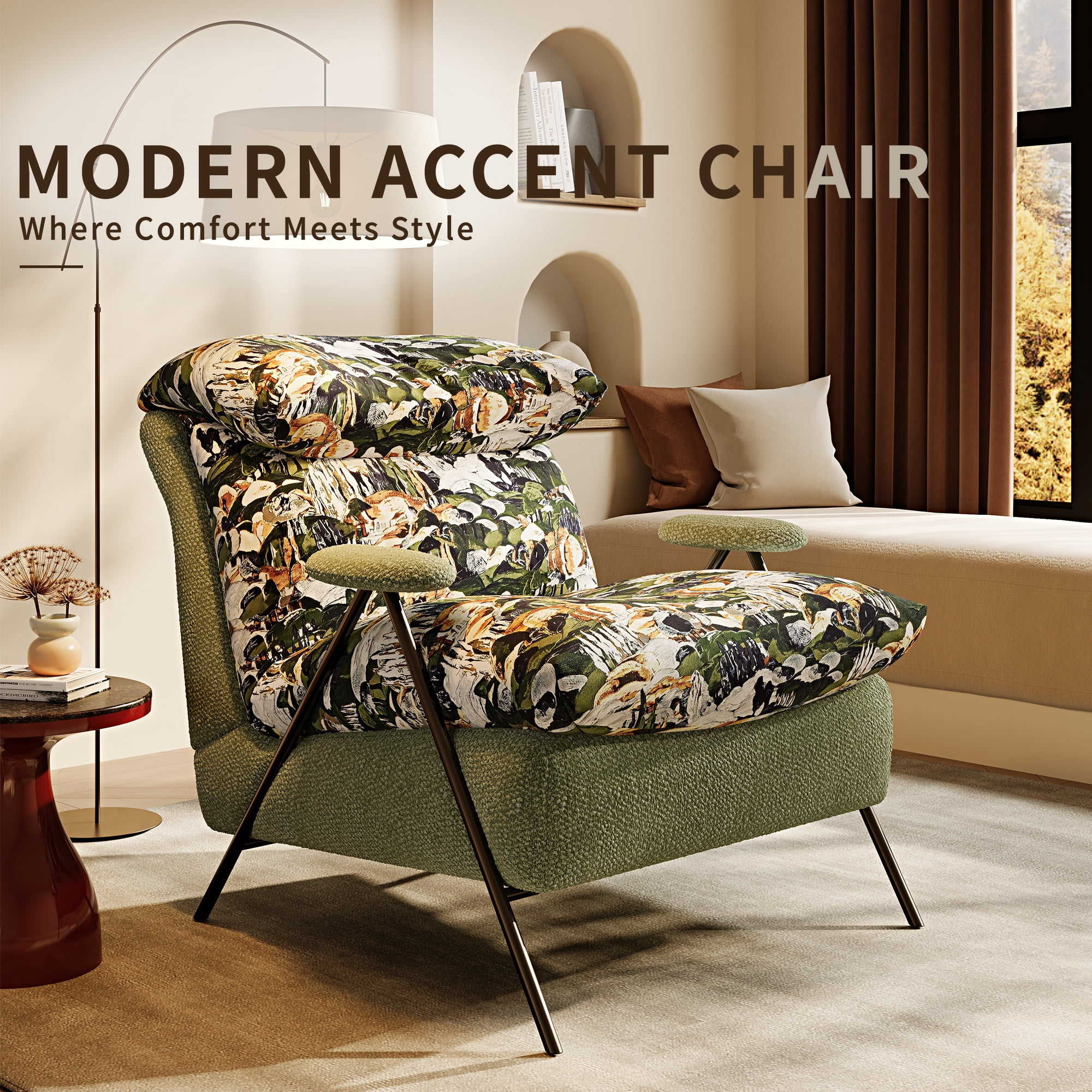 GARITIN Accent Chair and Reading Chair 31.8 Inch, Solid Wood Frame Lounge Chair with Chenille and Leather Upholstery for Living Room Bedroom, Pattern