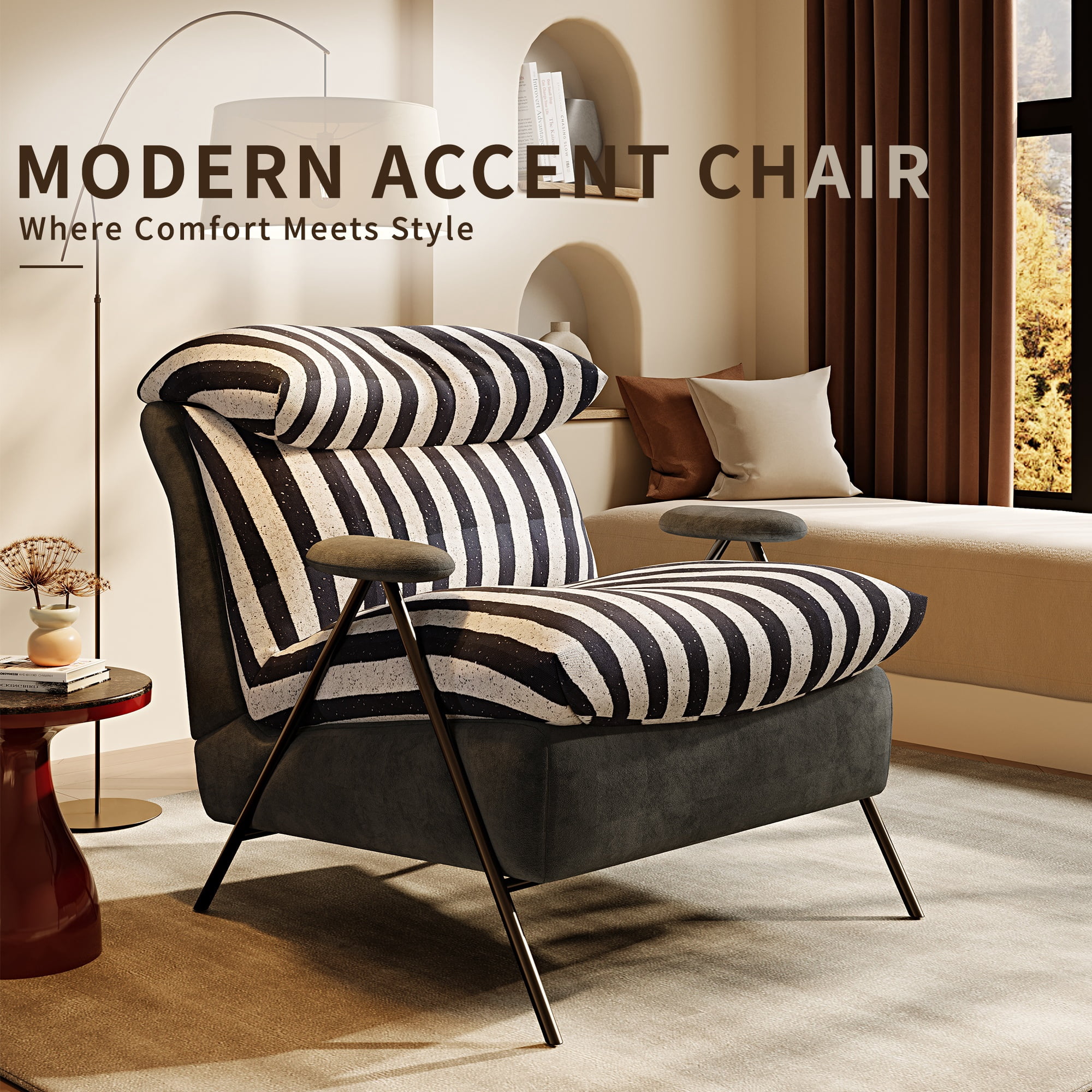 GARITIN Accent Chair and Reading Chair 31.8 Inch, Solid Wood Frame Lounge Chair with Plush Velvet Upholstery for Living Room Bedroom, Grey Striped