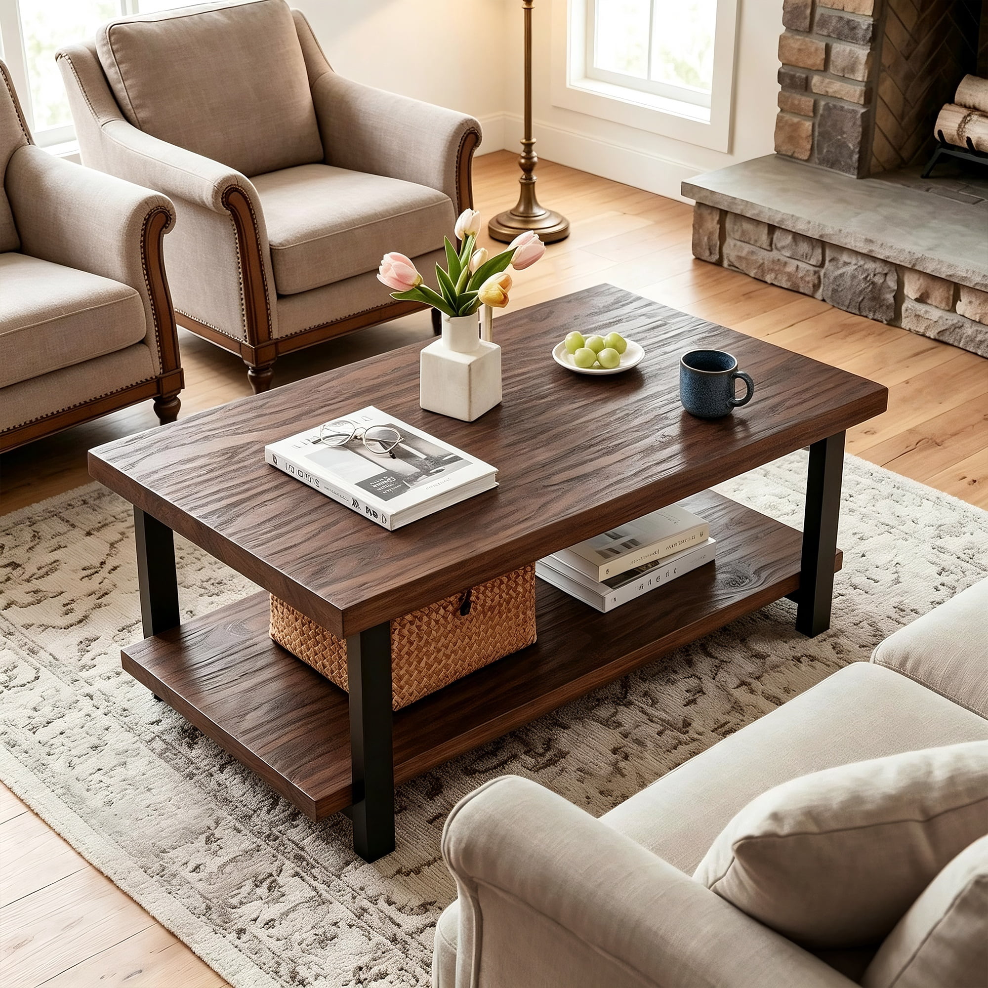 GARITIN All-Solid-Wood Farmhouse Rustic Rectangle Coffee Table, Living Room Coffee Table with Open Storage Shelf, Heavy-Duty Home Furniture, Walnut