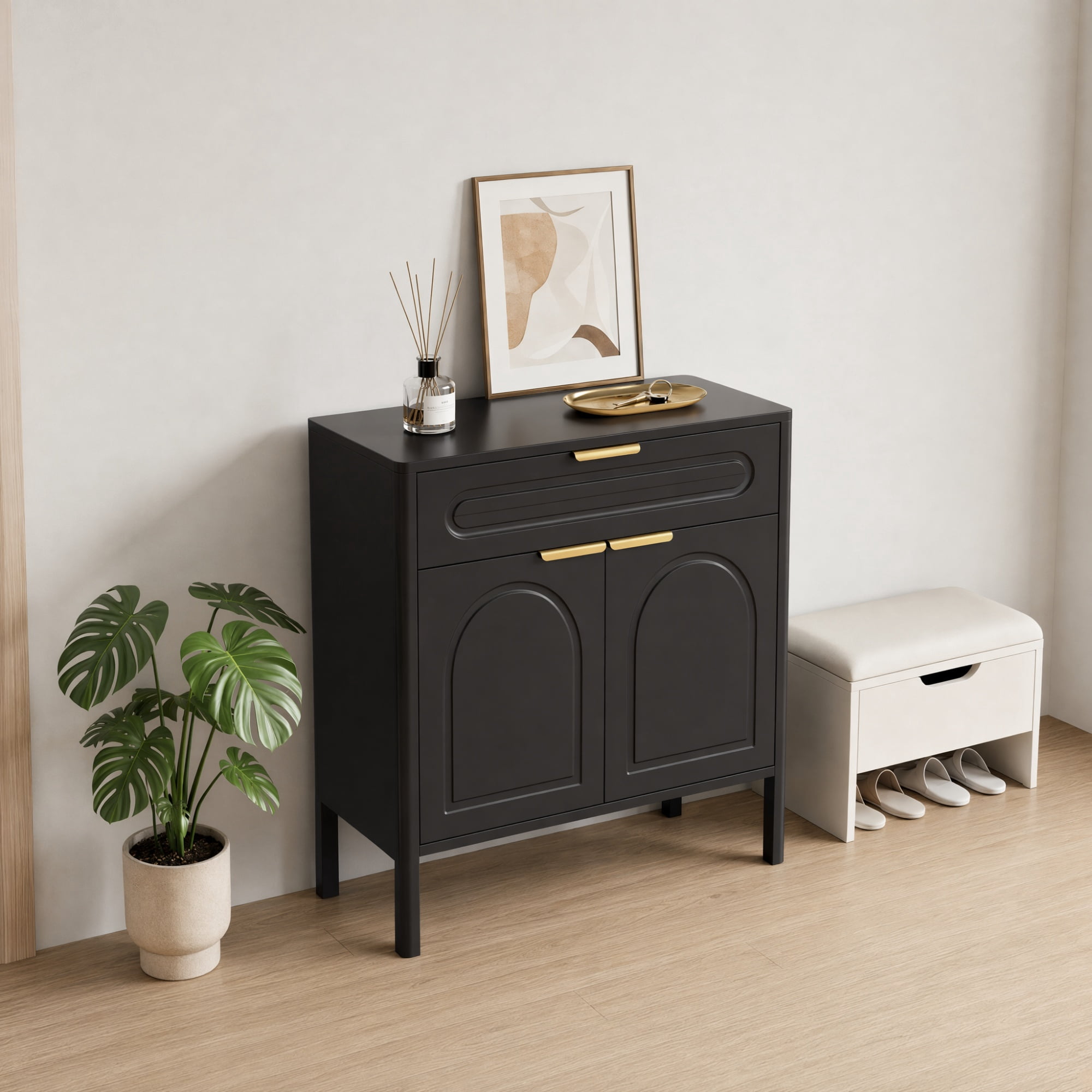 GARITIN Arched Accent Storage Cabinet 29.5 Inch, Freestanding Sideboard Buffet with Drawer and Gold Metal Handles for Entryway Living Room, Black