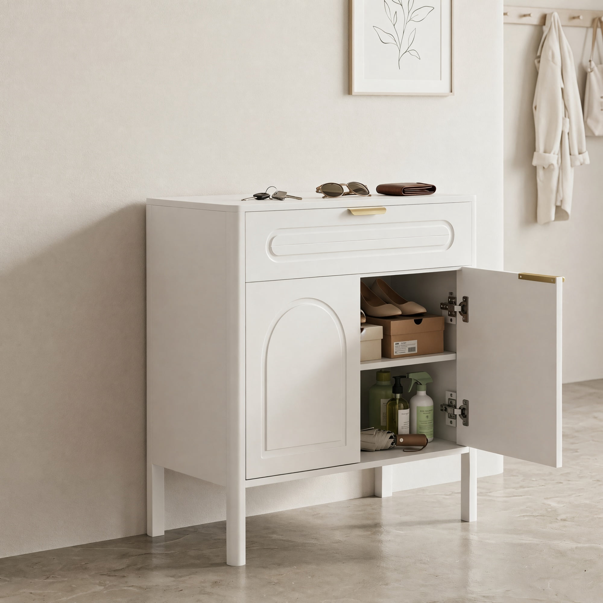 GARITIN Arched Accent Storage Cabinet 29.5 Inch, Freestanding Sideboard Buffet with Drawer and Gold Metal Handles for Entryway Living Room, White