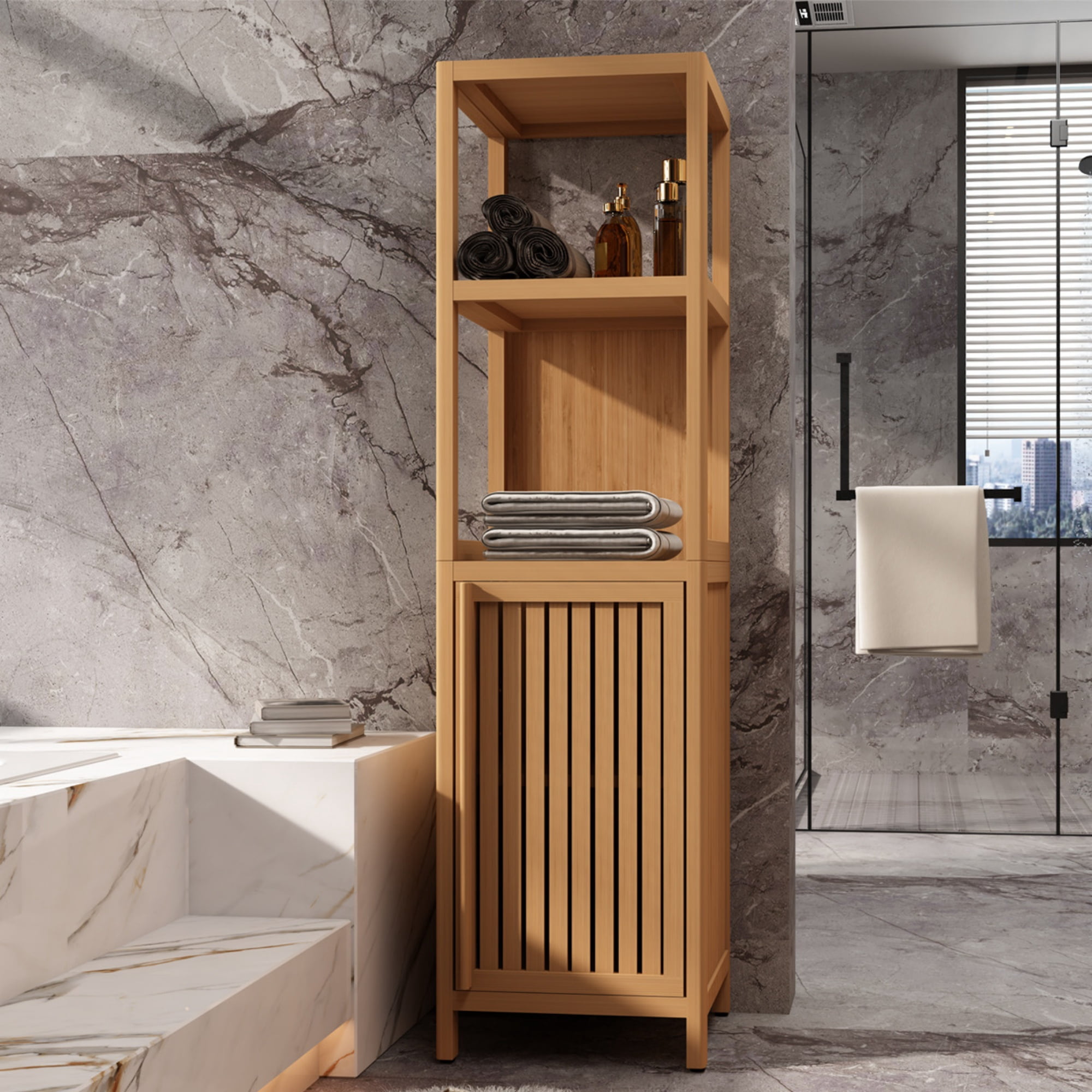 GARITIN Bamboo Storage Cabinet, Freestanding Tall Storage Tower with Shelves and Doors for Bathroom Living Room, Natural