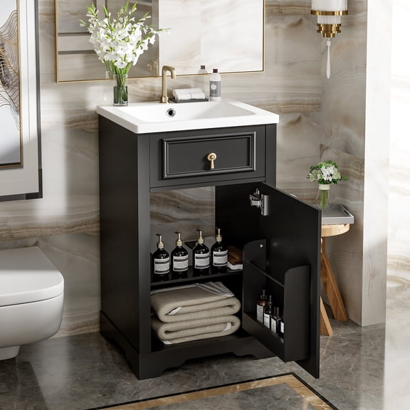 GARITIN Bathroom Vanity 20 Inch, Freestanding Single Vanity Set with Ceramic Sink and Soft Close Door for Small Bathroom, Black