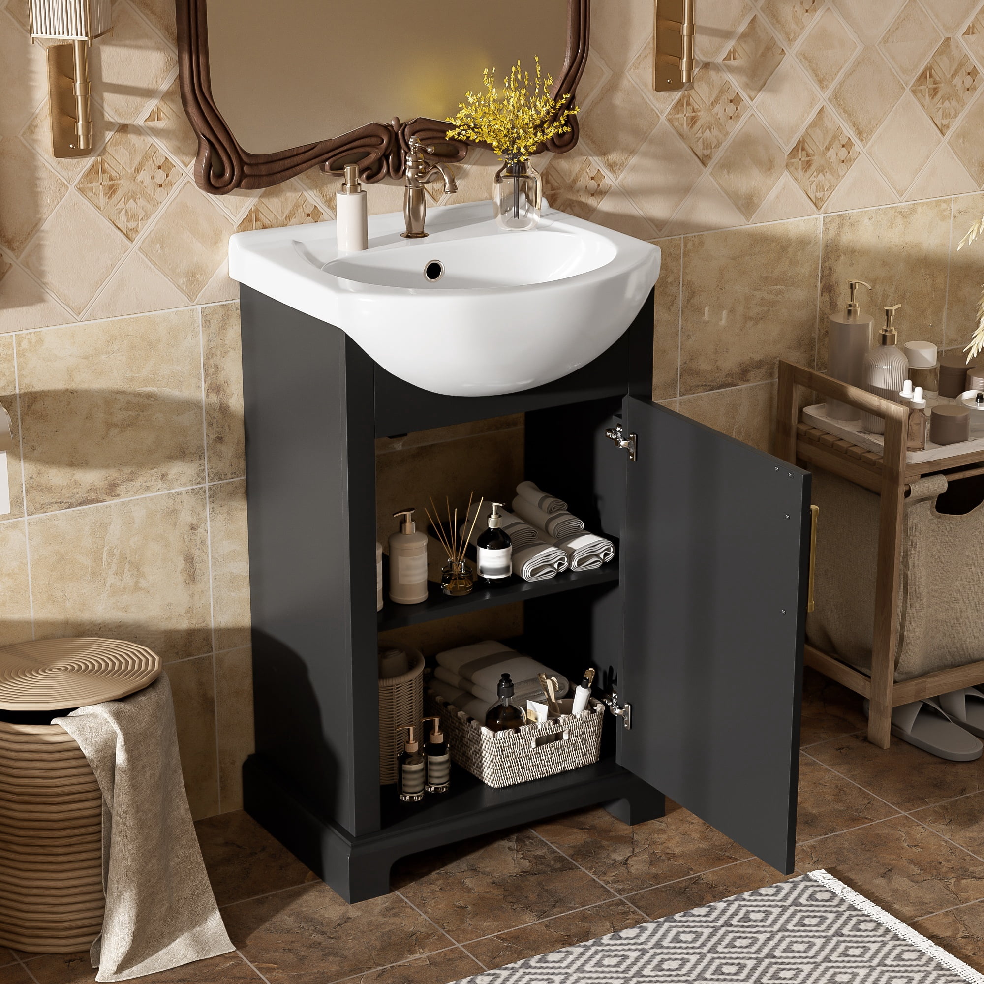 GARITIN Bathroom Vanity 20 Inch, Freestanding Single Vanity Set with Ceramic Sink and Soft Closing Door for Small Bathroom, Black