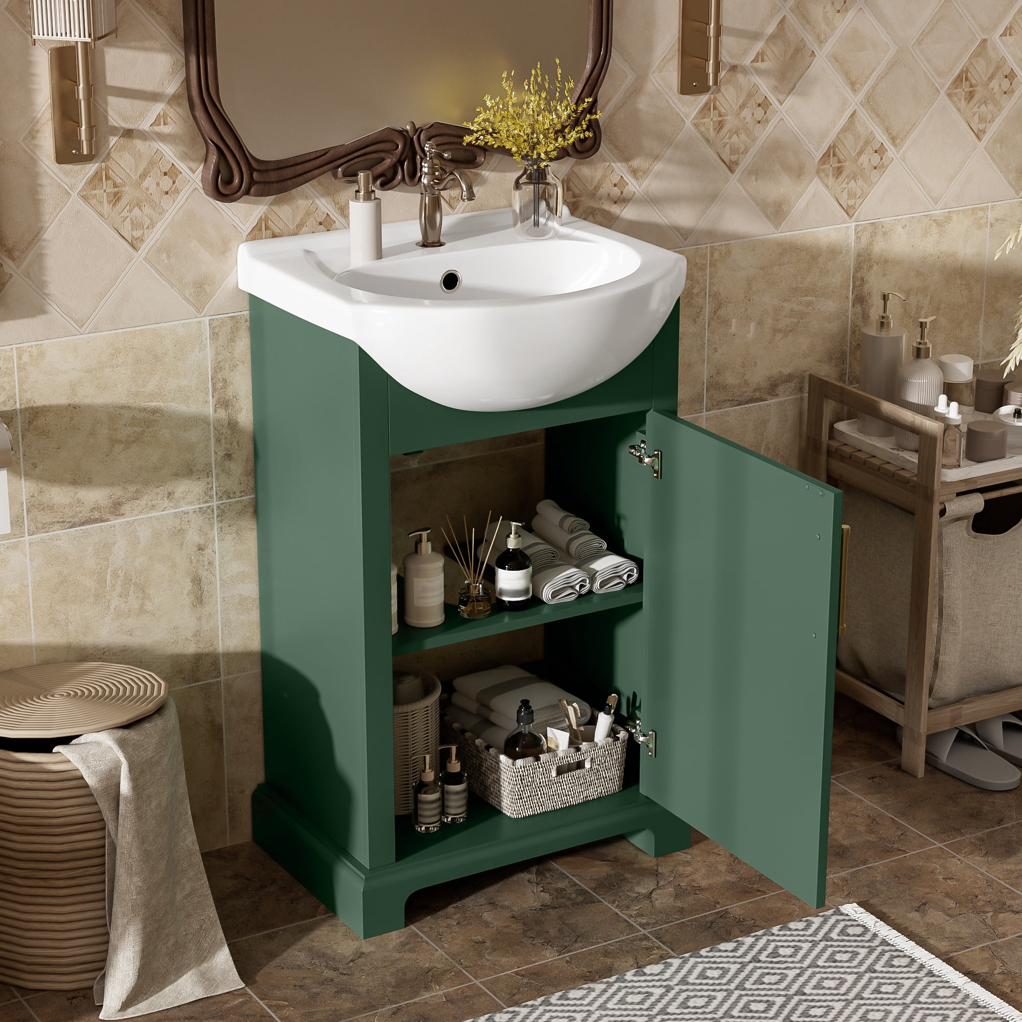 GARITIN Bathroom Vanity 20 Inch, Freestanding Single Vanity Set with Ceramic Sink and Soft Closing Door for Small Bathroom, Green