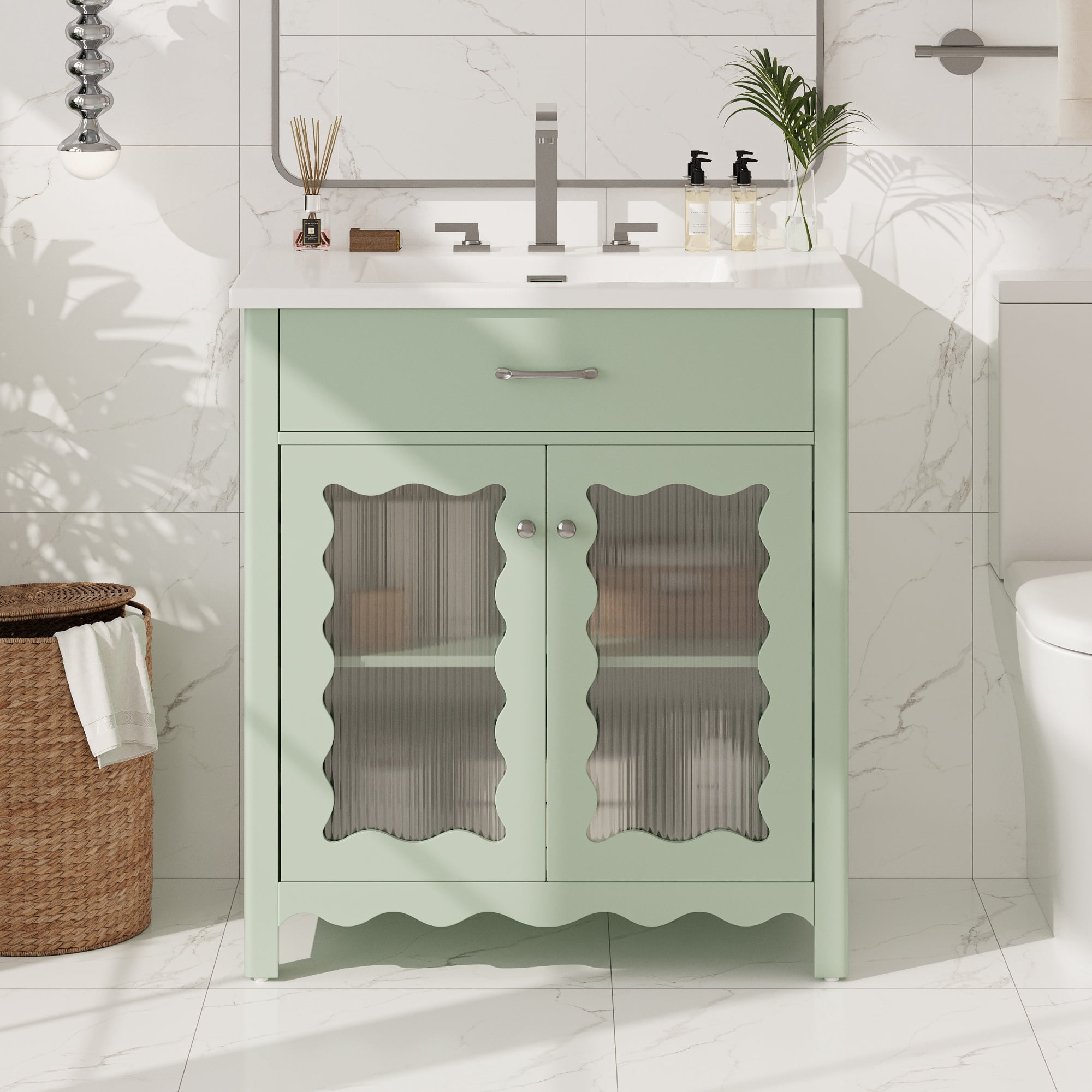 GARITIN Bathroom Vanity 31 Inch, Modern Bathroom Cabinet with Tempered Glass Doors and Rubber Wood Legs for Small Bathroom, Green