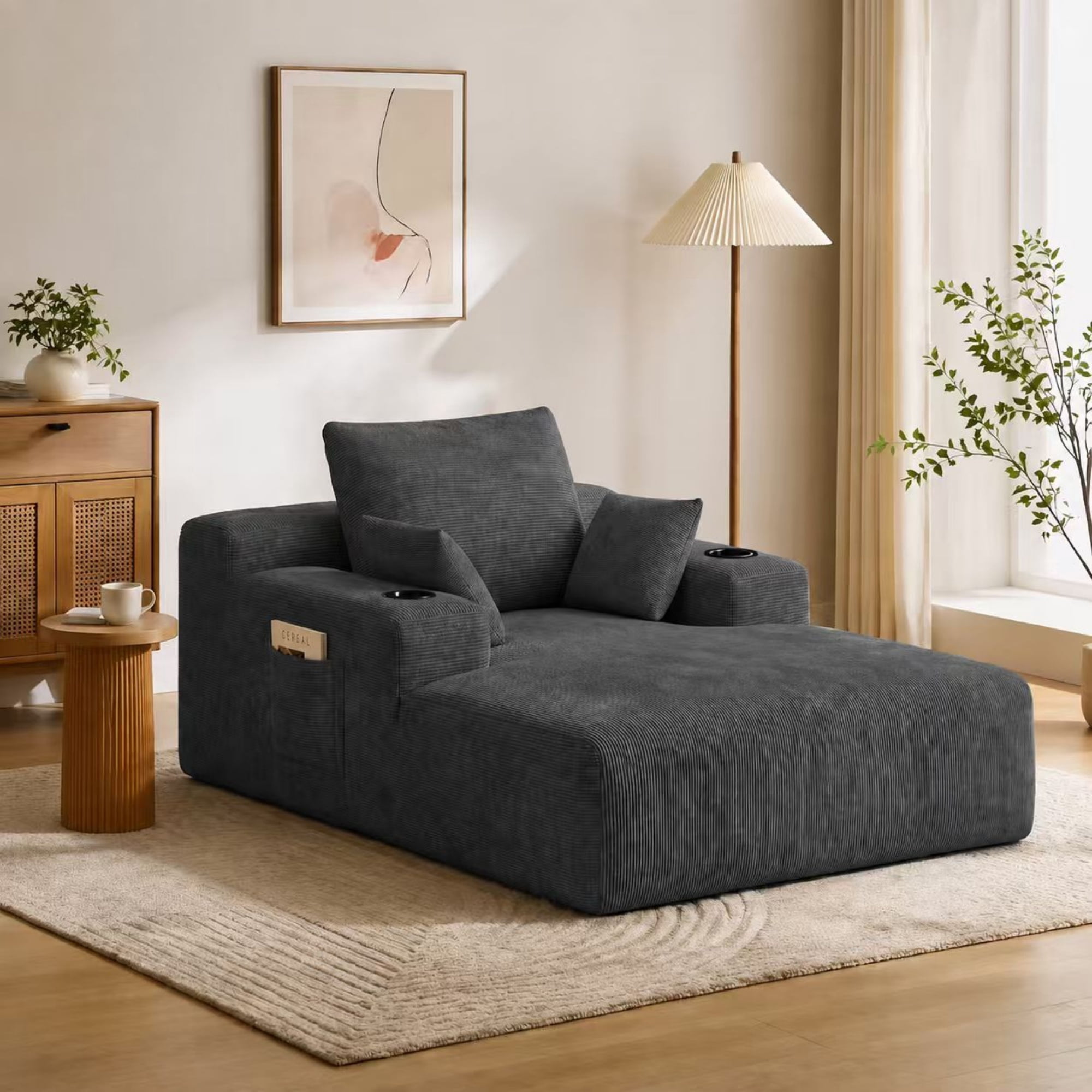 GARITIN Chaise Lounge Sofa 71 Inch, Corduroy Oversized Deep Seat Lounge Chair with Cup Holders and Storage Pocket for Living Room Bedroom, Black