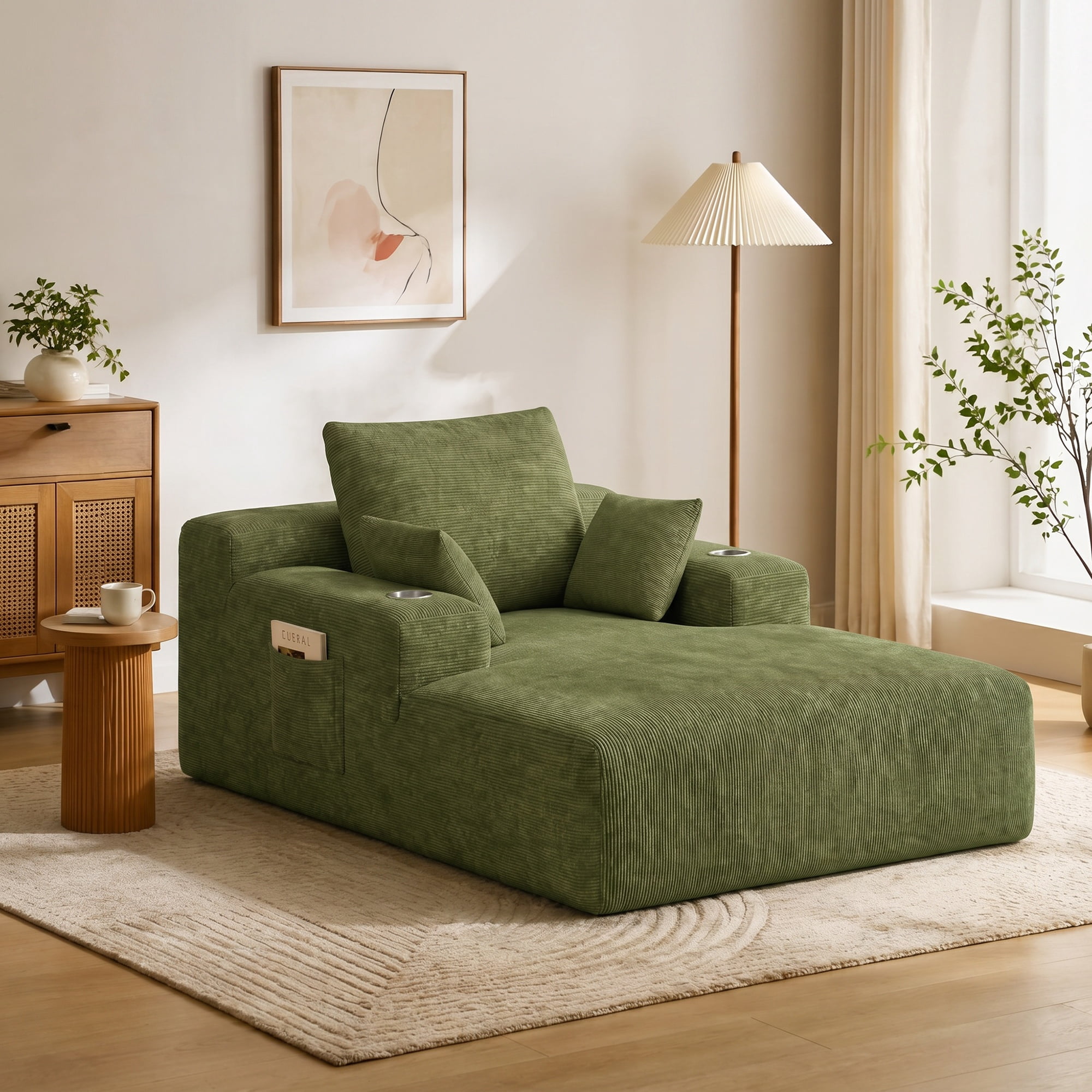 GARITIN Chaise Lounge Sofa 71 Inch, Corduroy Oversized Deep Seat Lounge Chair with Cup Holders and Storage Pocket for Living Room Bedroom, Green
