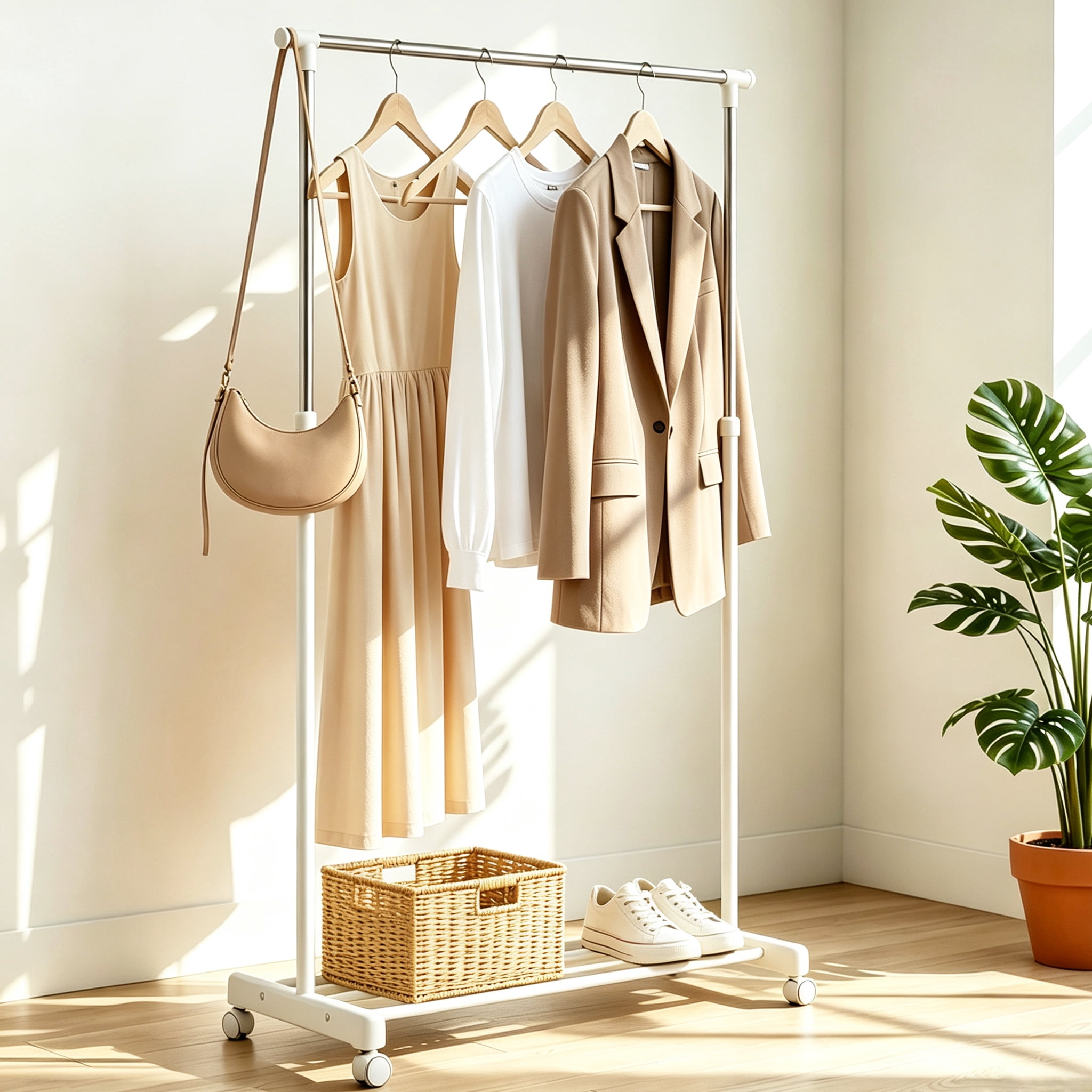 GARITIN Clothing Rack with Wheels, Adjustable Height Rolling Garment Rack, Rolling Clothes Organizer Metal Chrome, White