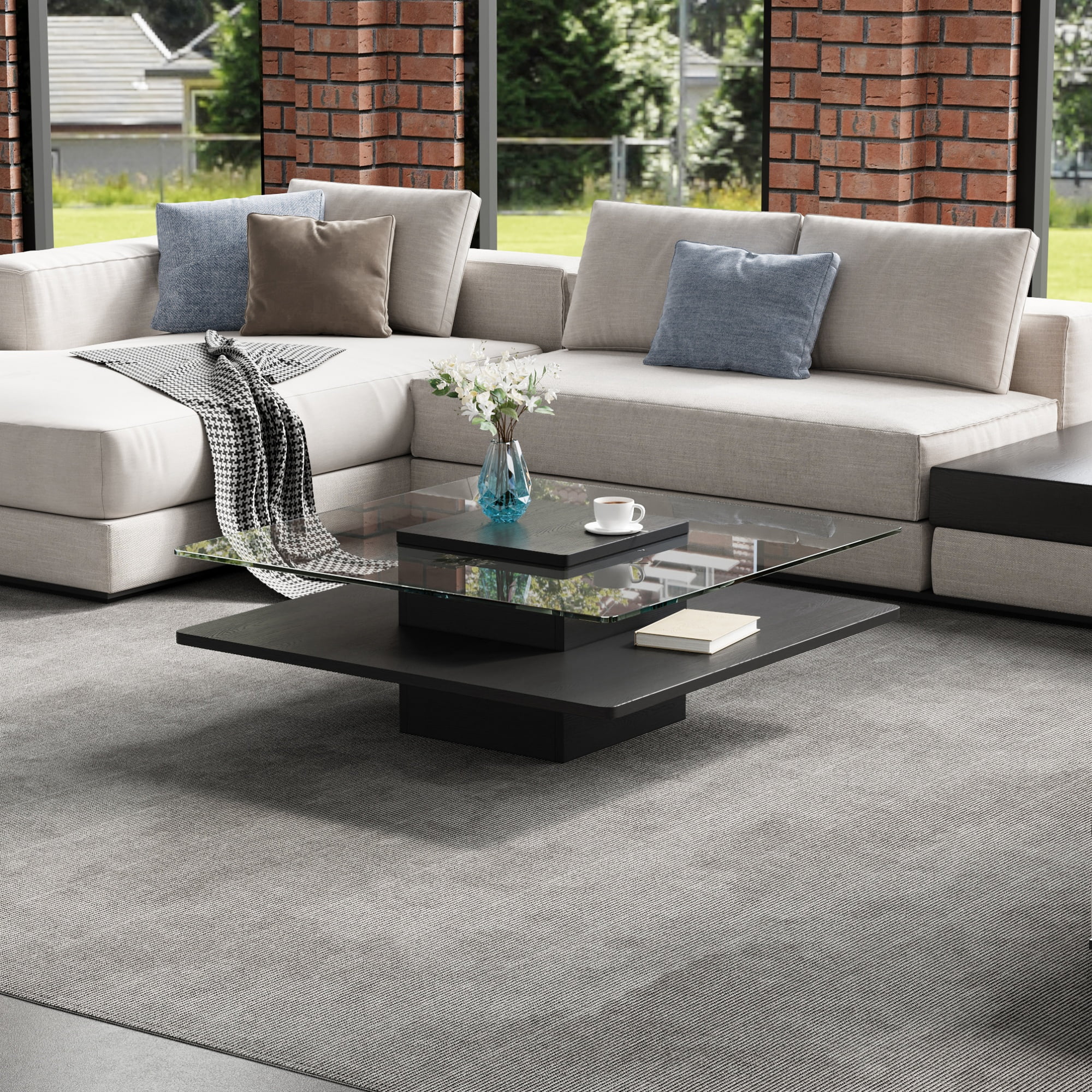 GARITIN Coffee Table 31.5 Inch, Square Tempered Glass Top with Storage Shelf and Black Finish Frame for Living Room