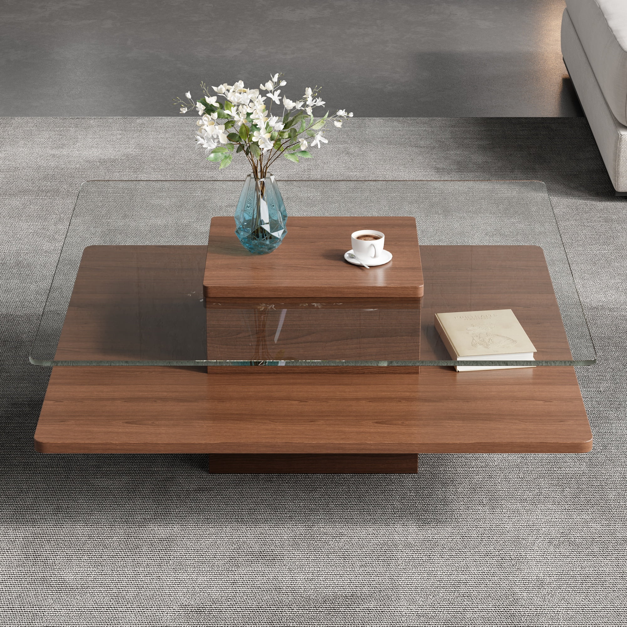 GARITIN Coffee Table 31.5 Inch, Square Tempered Glass Top with Storage Shelf and Walnut Finish Frame for Living Room