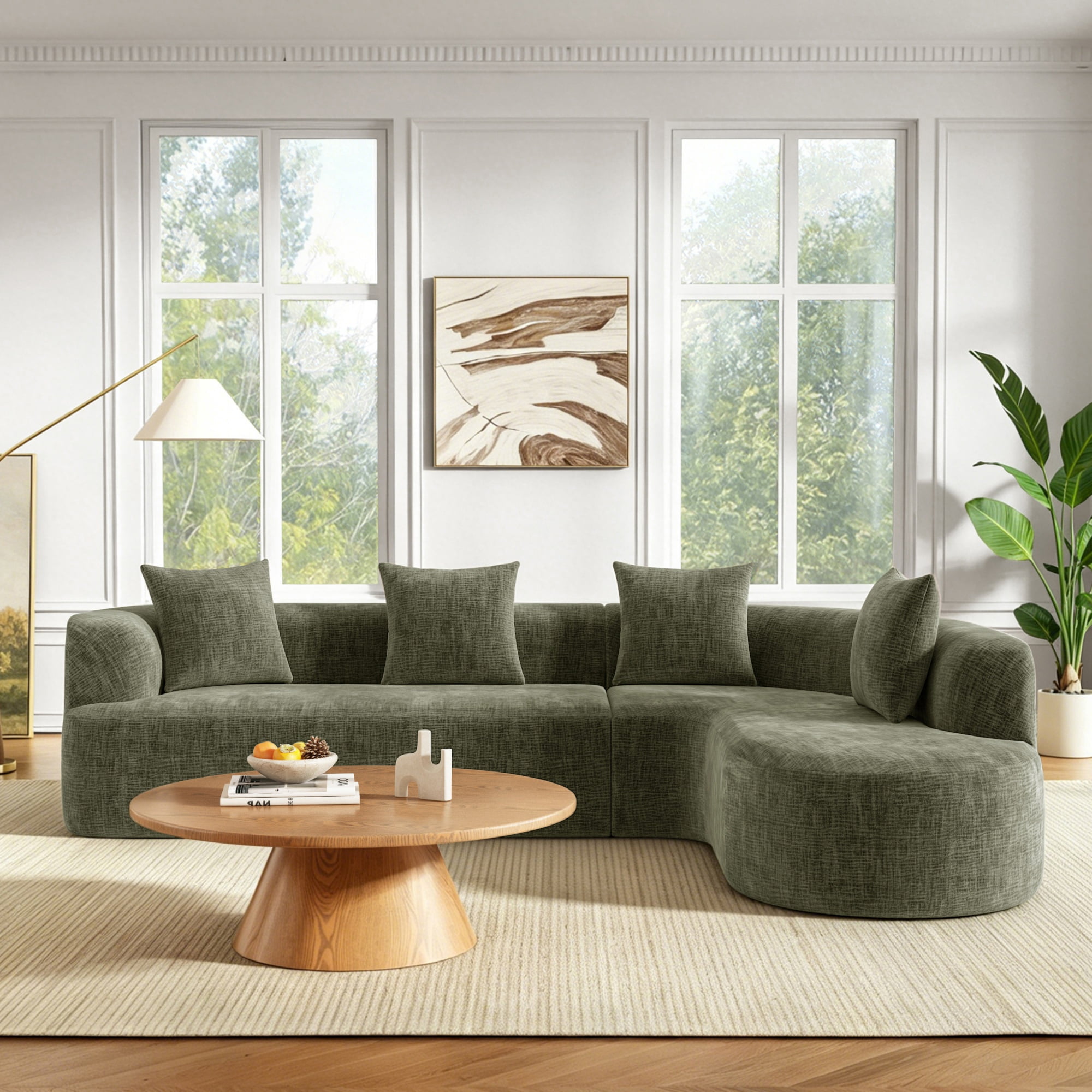 GARITIN Curved Cloud Couch 116.5 Inch, Oversized L Shaped Chenille Sectional Sofa with High Resilience Foam for Living Room, Green