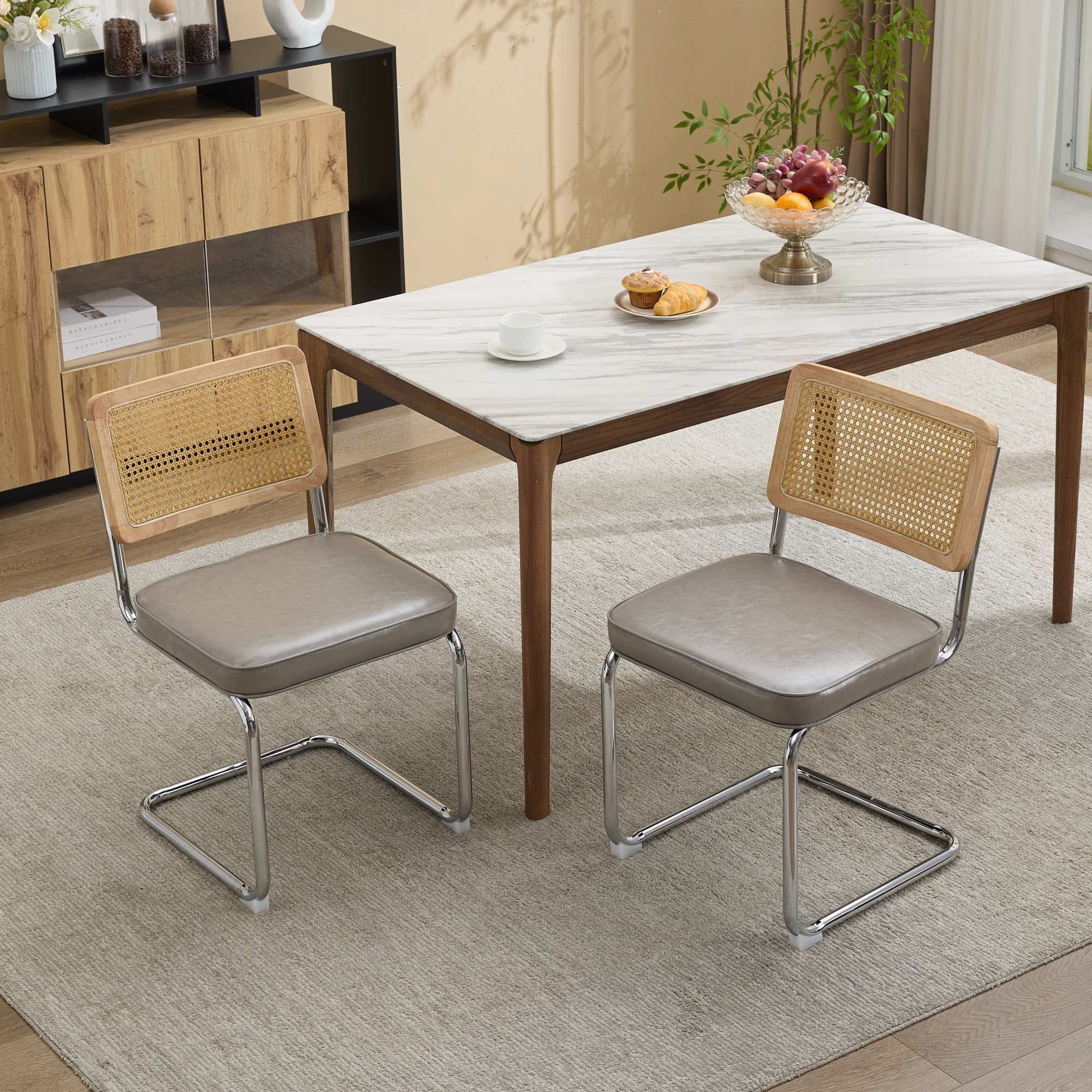 GARITIN Dining Chairs Set of 2, Mid-Century Cane Rattan Dining Chair with Solid Wood Frame, Faux Leather Seat, Cantilever Chrome Metal Armless Side Chair for Kitchen, Gray