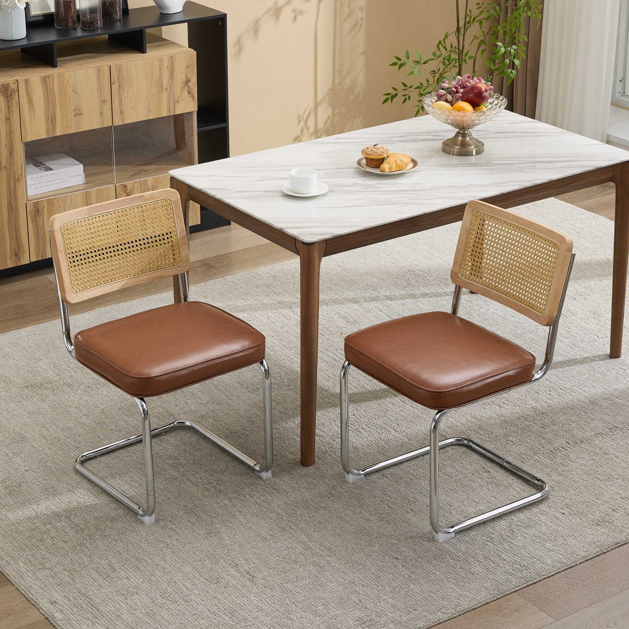 GARITIN Dining Chairs Set of 2, Mid-Century Cane Rattan Dining Chair with Solid Wood Frame, Faux Leather Seat, Cantilever Chrome Metal Armless Side Chair for Kitchen, Brown