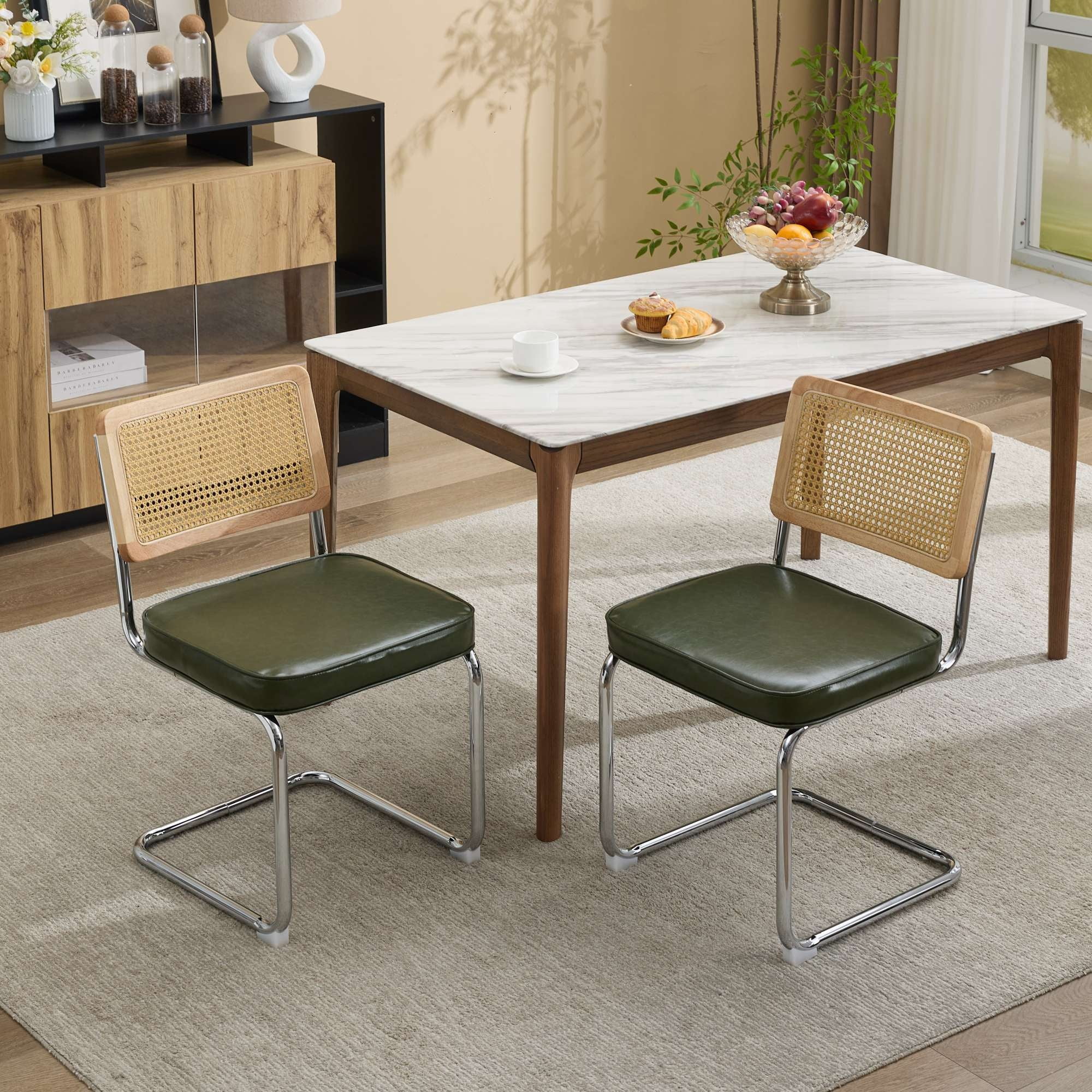 GARITIN Dining Chairs Set of 2, Mid-Century Cane Rattan Dining Chair with Solid Wood Frame, Faux Leather Seat, Cantilever Chrome Metal Armless Side Chair for Kitchen, Olive Green