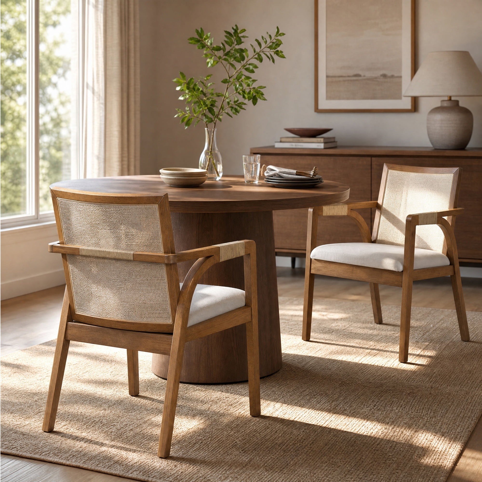 GARITIN Dining Chairs Set of 2, Rubber Wood Frame Arm Chairs with Textilene Back and Rattan Decor Armrest for Kitchen Dining Room, Walnut and Beige