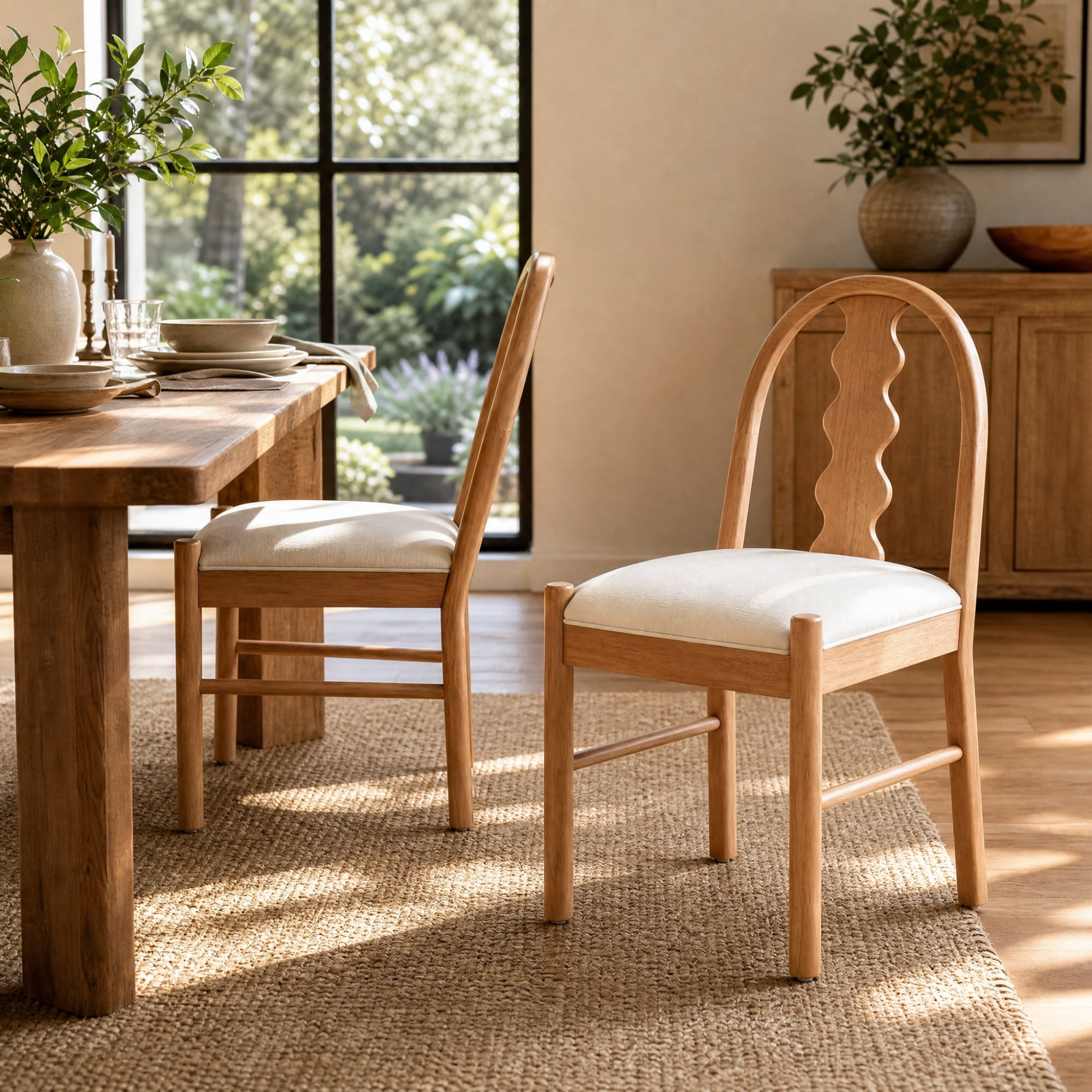 GARITIN Dining Chairs Set of 2, Rubber Wood Frame Chairs with Wavy Arch Backrest and White Fabric Cushion for Kitchen Dining Room, Natural and White