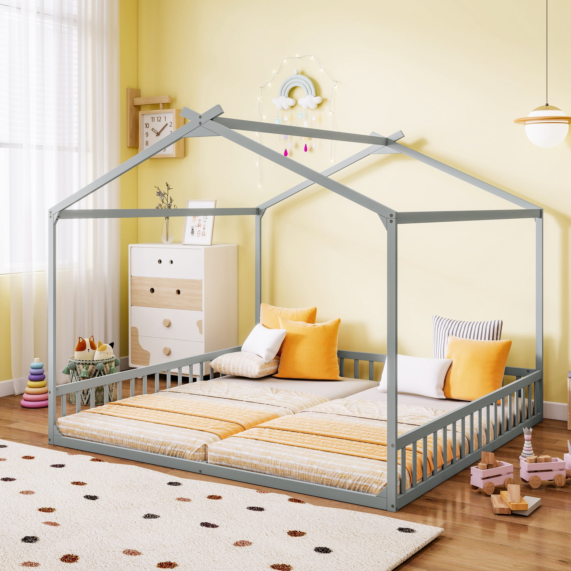 GARITIN Double Twin House Shaped Floor Bed 77.4 Inch, Kids Floor Bed with Safety Guardrails for Children Shared Bedroom, Grey