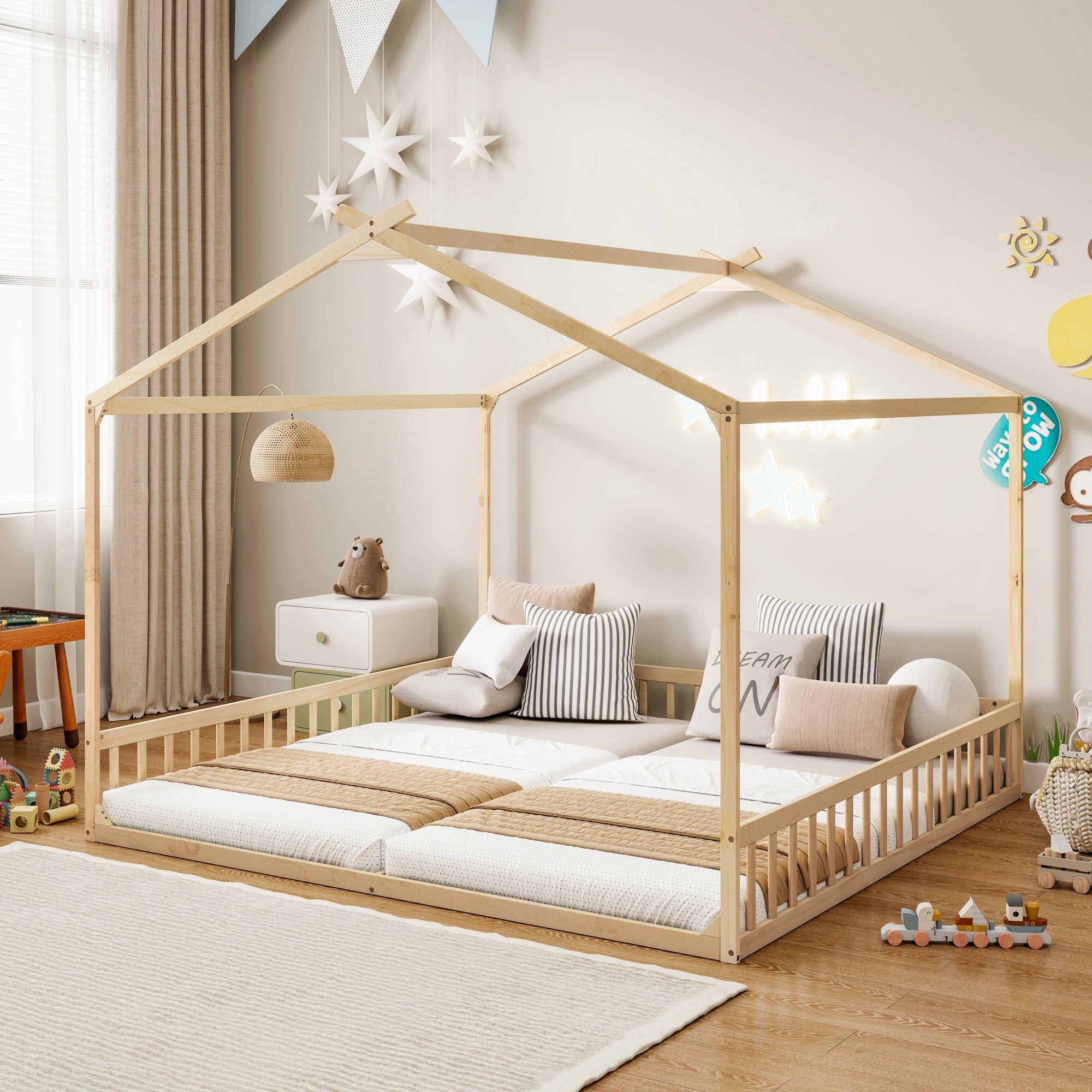 GARITIN Double Twin House Shaped Floor Bed 77.4 Inch, Kids Floor Bed with Safety Guardrails for Children Shared Bedroom, Natural