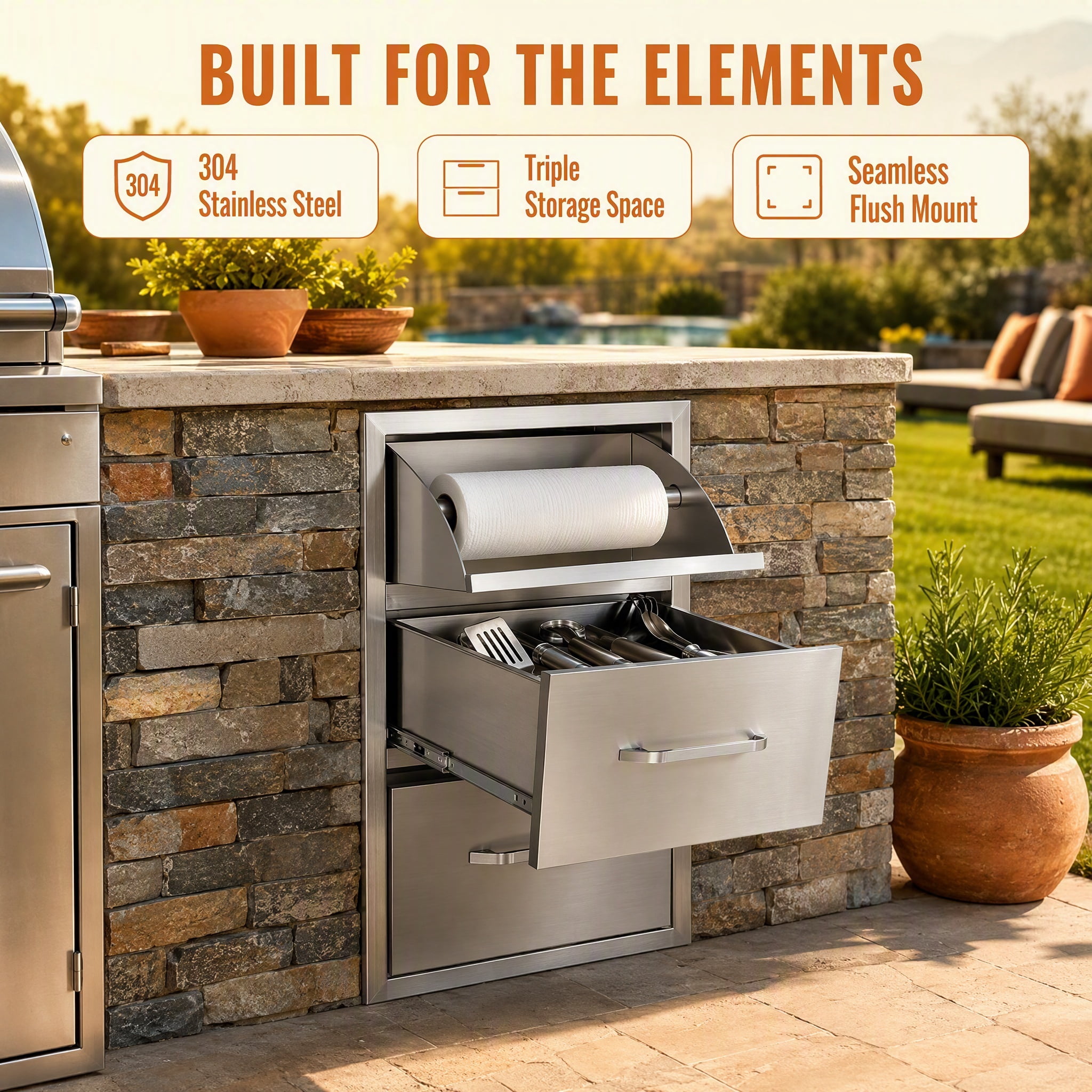 GARITIN Drawer Cabinet for Outdoor Kitchen or Courtyard, Stainless Steel Storage Drawer Cabinet with Multiple Drawers for Outdoor Patio, Silver