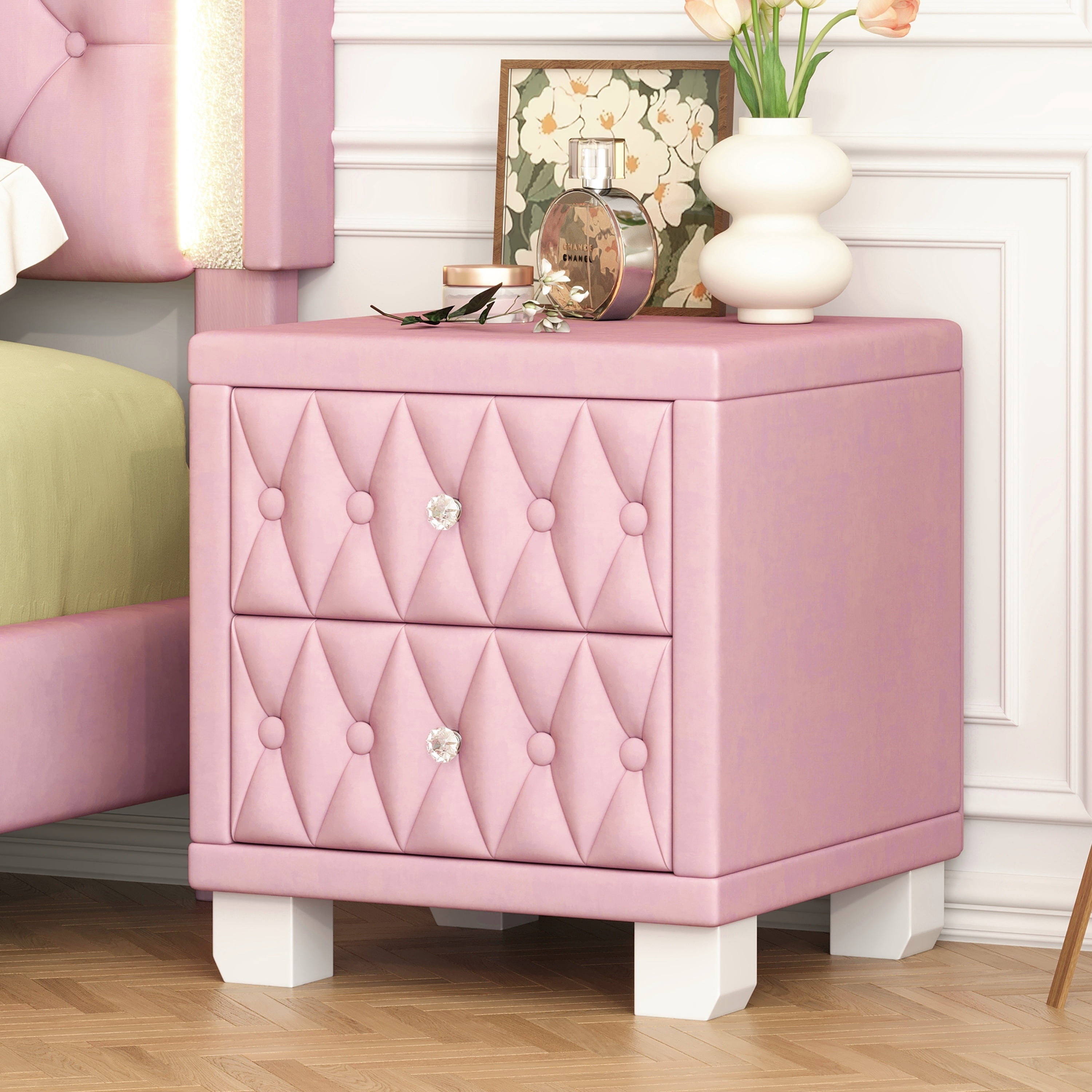 GARITIN Elegant Velvet Nightstand with 2 Drawers & Crystal Handle, Storage Bedside Table with Button-Tufted Design for Bedroom Guest Room, Pink