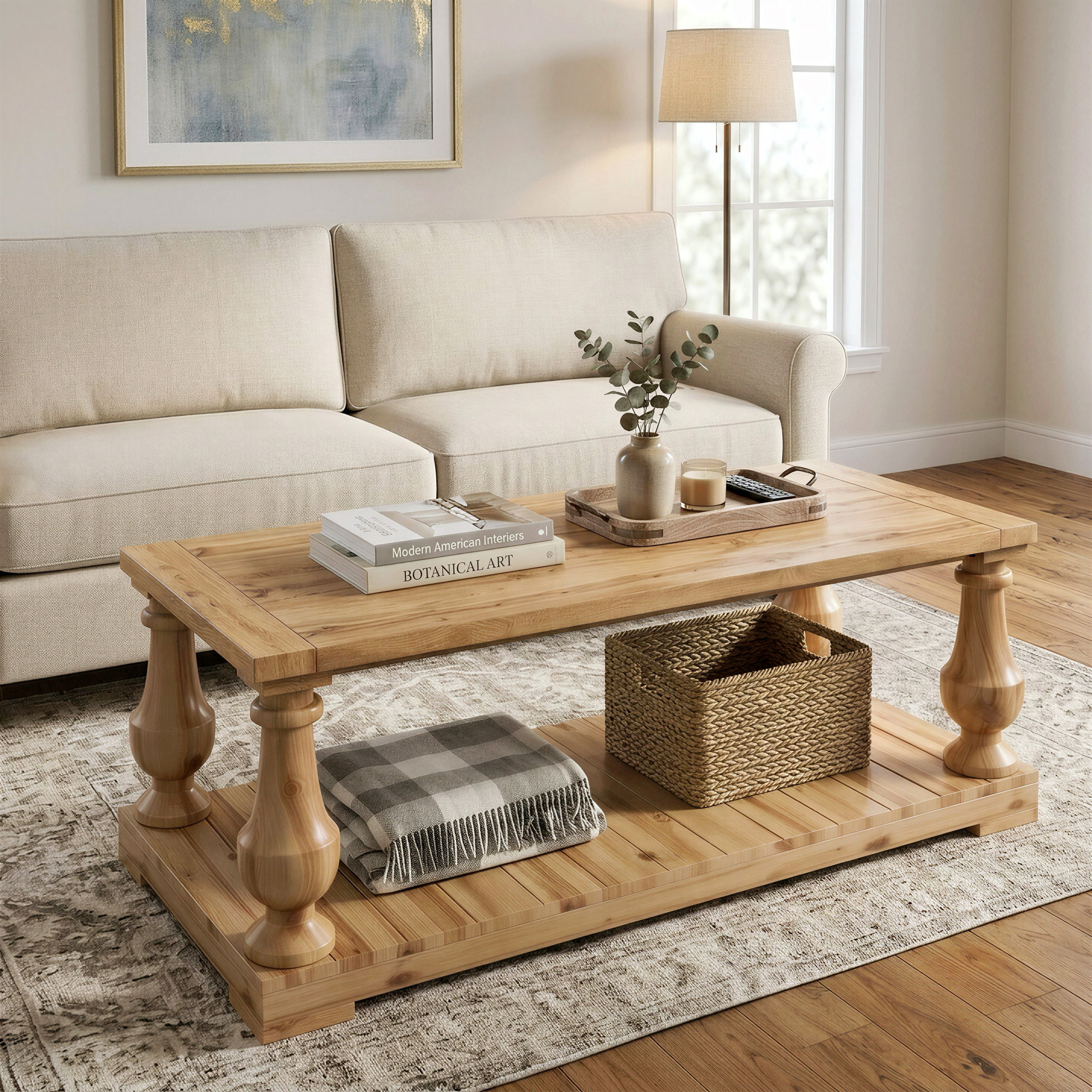 GARITIN Farmhouse Coffee Table with Storage Shelf, Solid Wood Turned Legs, 2-Tier Rustic Wood Center Table for Living Room, Natural