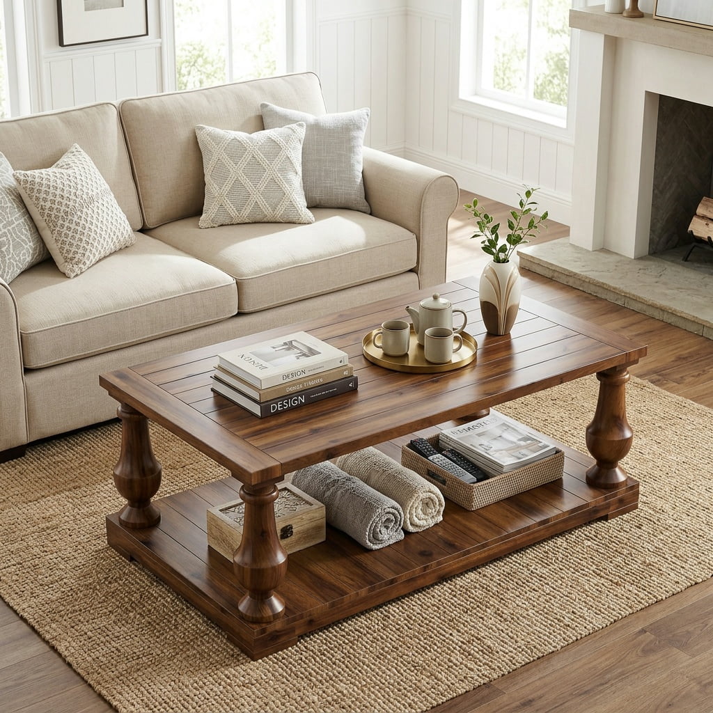 GARITIN Farmhouse Coffee Table with Storage Shelf, Solid Wood Turned Legs, 2-Tier Rustic Wood Center Table for Living Room, Walnut