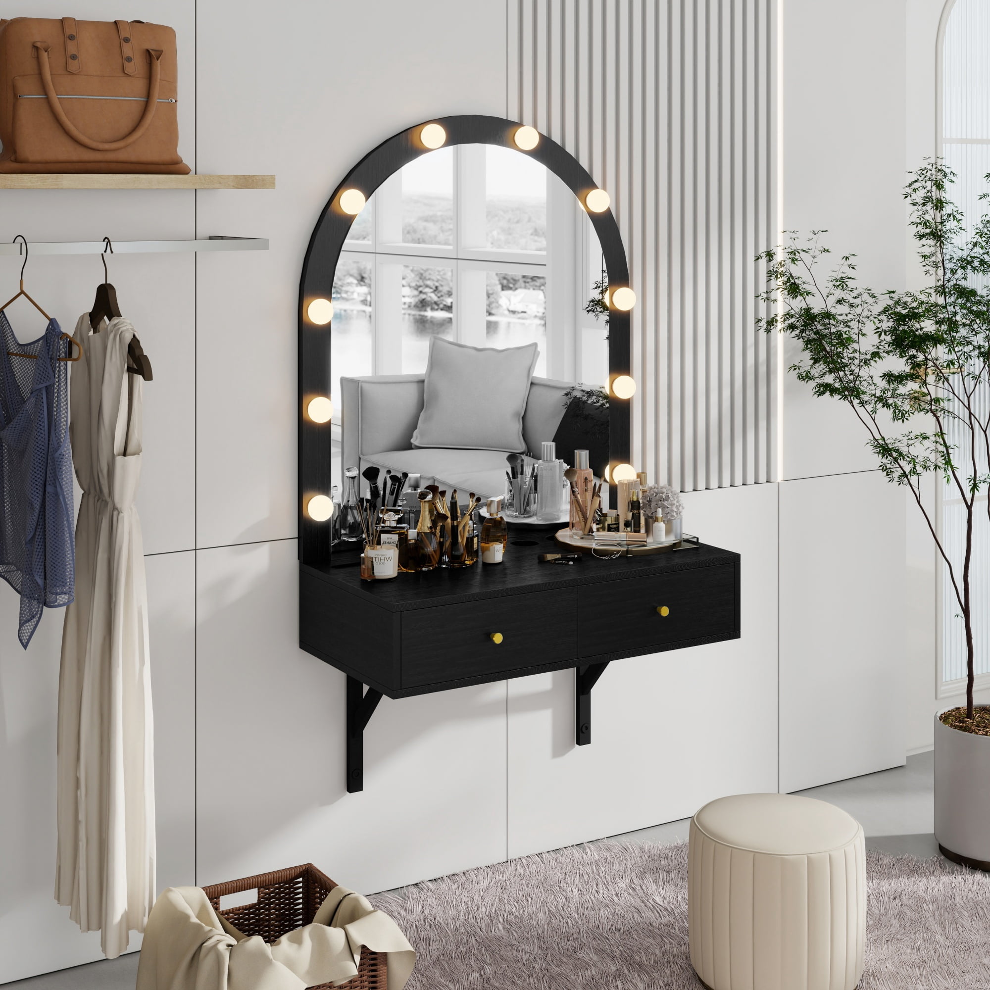 GARITIN Floating Makeup Vanity Desk 31.5 Inch, Wall Mounted Dressing Table with LED Mirror and Power Outlet for Bedroom Bathroom, Black