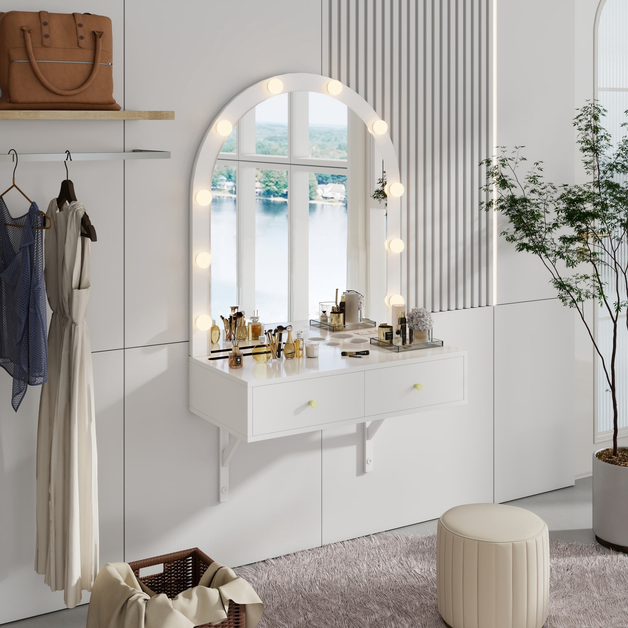 GARITIN Floating Makeup Vanity Desk 31.5 Inch, Wall Mounted Dressing Table with LED Mirror and Power Outlet for Bedroom Bathroom, White