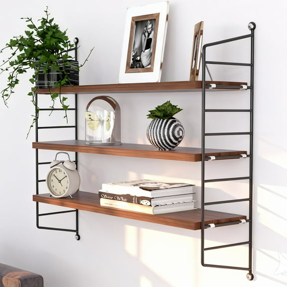 GARITIN Floating Shelves for Wall, 3-Tier Wall Shelves with Adjustable Shelf, Wood Storage Shelf for Books, Room Decor, Hanging Shelf for Living Room, Bedroom