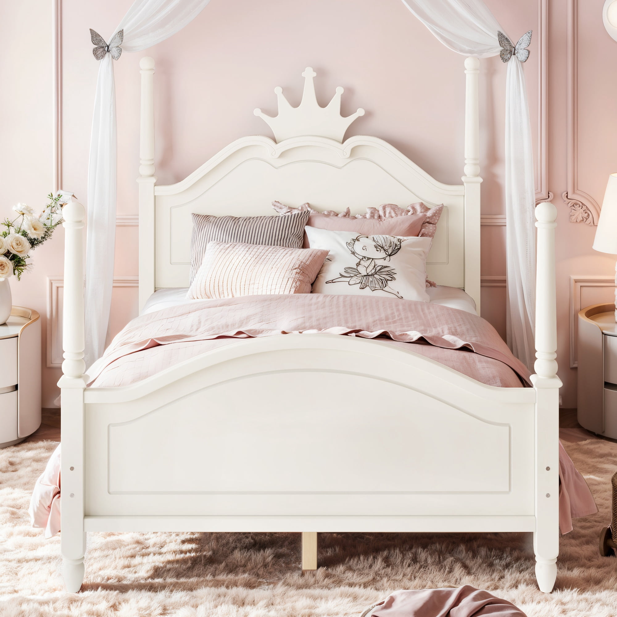 GARITIN Full Size Crown Shaped Platform Bed, Four Poster Wooden Bed Frame, Elegant Curved Headboard Bed Frame for Bedroom Guest Room, Beige