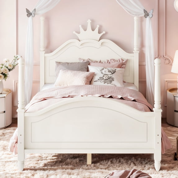 GARITIN Full Size Crown Shaped Platform Bed, Four Poster Wooden Bed ...