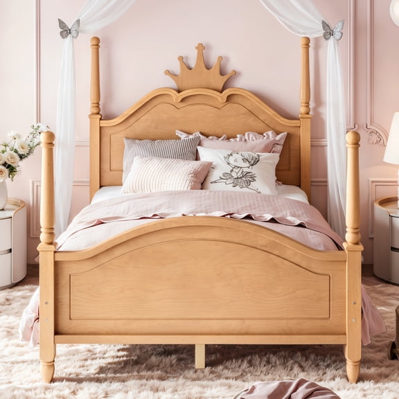GARITIN Full Size Crown Shaped Platform Bed, Four Poster Wooden Bed Frame, Elegant Curved Headboard Bed Frame for Bedroom Guest Room, Natural