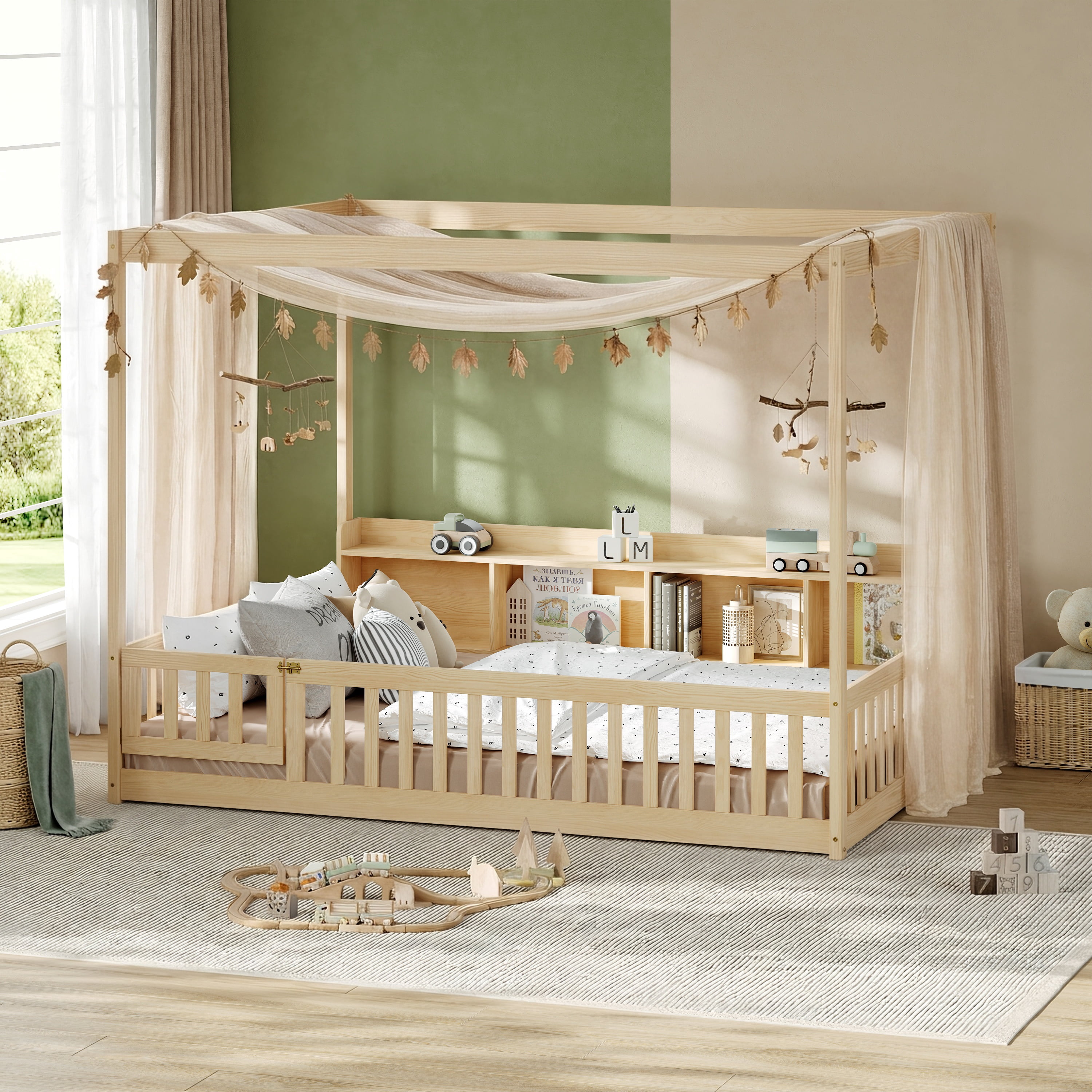 GARITIN Full Size Montessori Floor Bed, Headboard with Open Storage Cubbies, 4-Sided Guardrails with Access Door, Dual-Use Bed for Sleeping & Playing, Natural