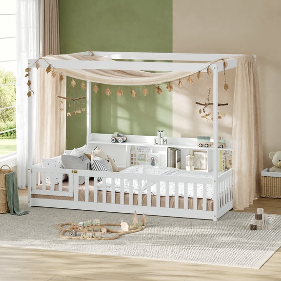 GARITIN Full Size Montessori Floor Bed, Headboard with Open Storage Cubbies, 4-Sided Guardrails with Access Door, Dual-Use Bed for Sleeping & Playing, White