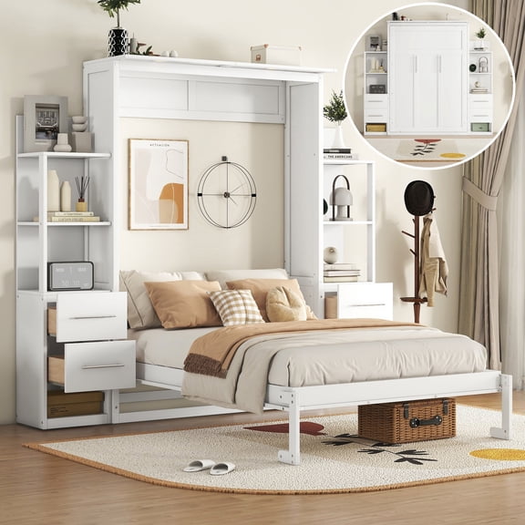 GARITIN Full Size Murphy Bed Wall Bed with Shelves, Drawers & LED Lights, Space-Saving Folding Bed for Guest Room Home Office, White
