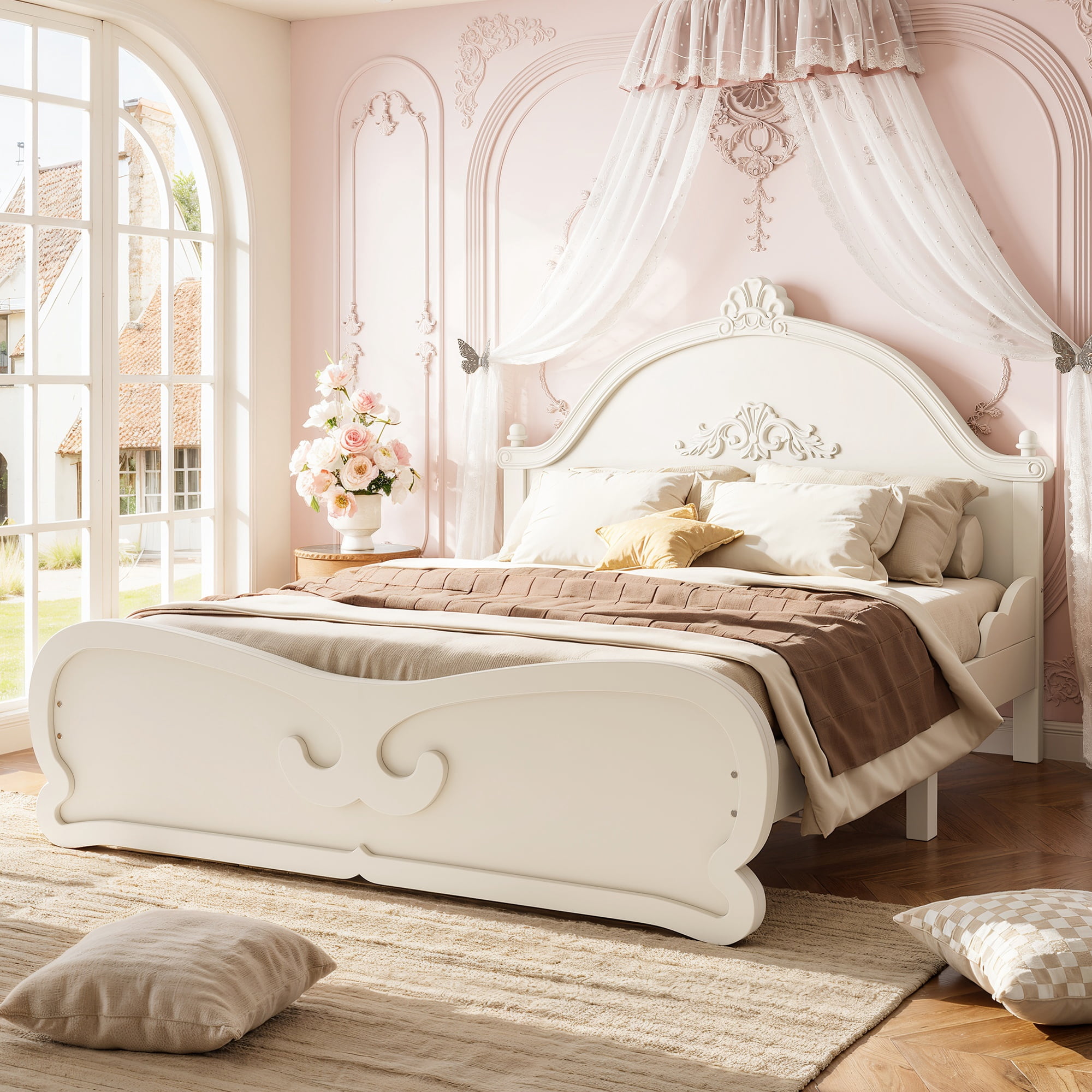 GARITIN Full Vintage Carved Platform Bed with Headboard, Solid Wood Bed Frame with Slatted Support, Low Profile Platform Bed, No Box Spring Needed, Beige