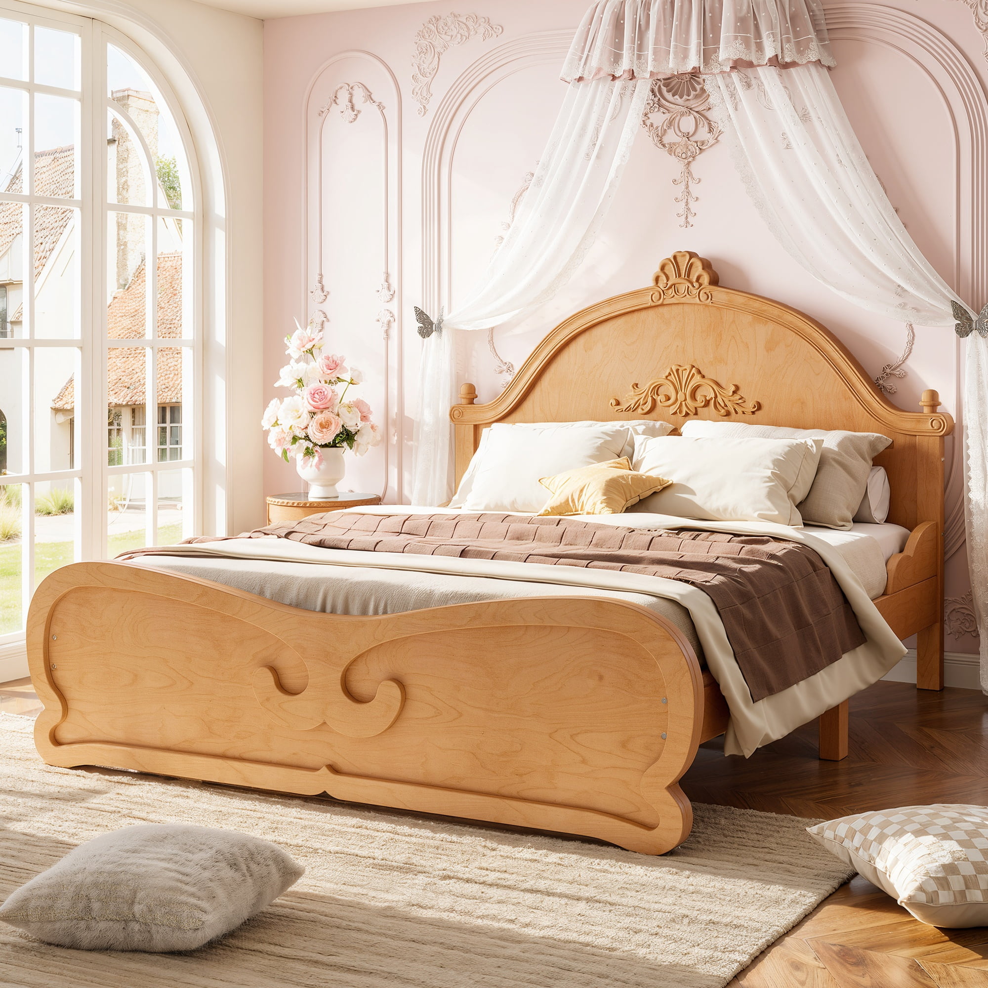 GARITIN Full Vintage Carved Platform Bed with Headboard, Solid Wood Bed Frame with Slatted Support, Low Profile Platform Bed, No Box Spring Needed, Natural
