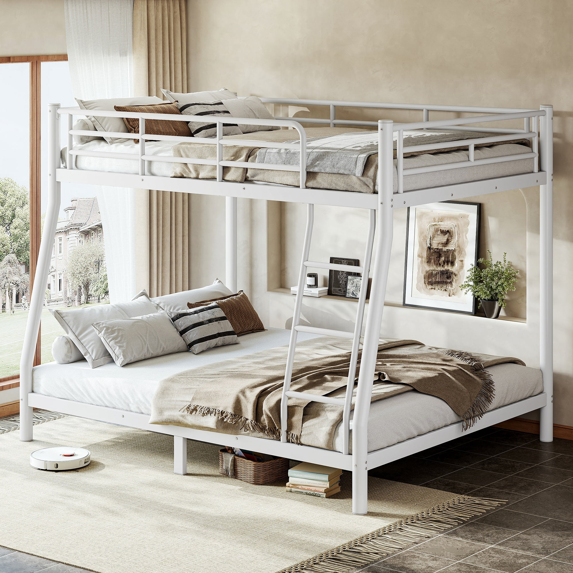 GARITIN Full XL Over Queen Size Metal Bunk Bed 82.4 Inch, Bunk Bed Frame with Ladder and Guardrails for Teens Adults, White