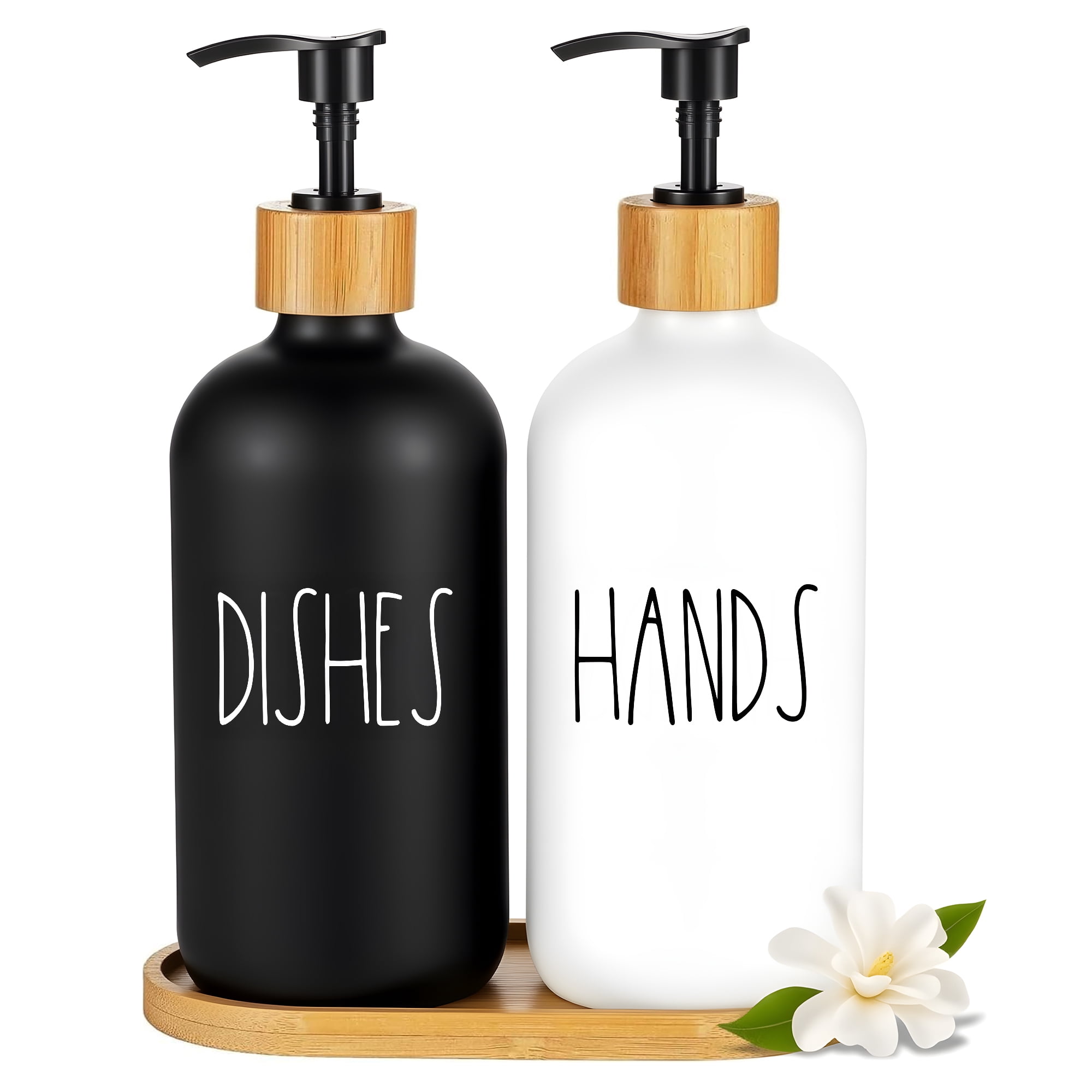 Glass Soap Dispenser Set, 2 pack Hand & Dish Soap Dispenser with Bamboo Tray & Pump, 16oz Soap & Lotion Dispenser Set for Bathroom Kitchen