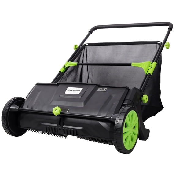GARITIN Hand Push Lawn Sweeper, 26 Inch Leaf & Grass Collector with 3.5 Cu Ft Hopper Bag, Adjustable Brush Height, Manual Lawn Sweeper for Yard Garden Sidewalk Driveway, Black+Green