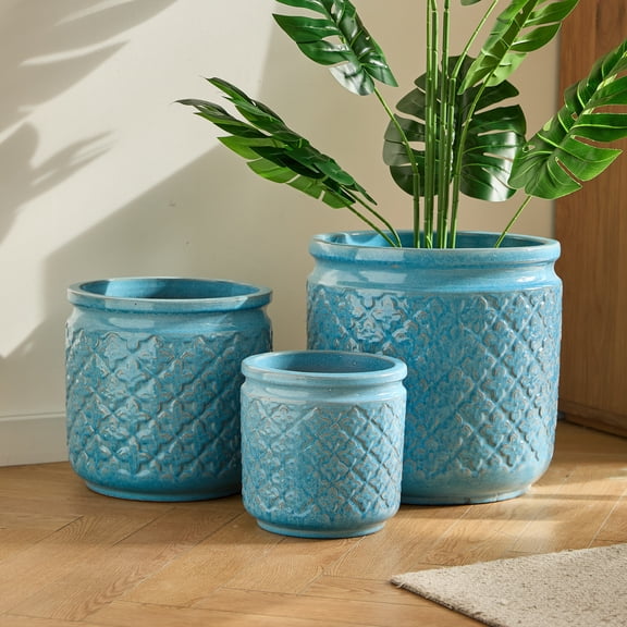 GARITIN Handmade Ceramic Flower Pot Set of 3, 15/12/9 Inch Diameter, Blue Geometric Pattern, for Orchids Indoor Outdoor Use on Windowsill & Bookshelf, Antique Blue